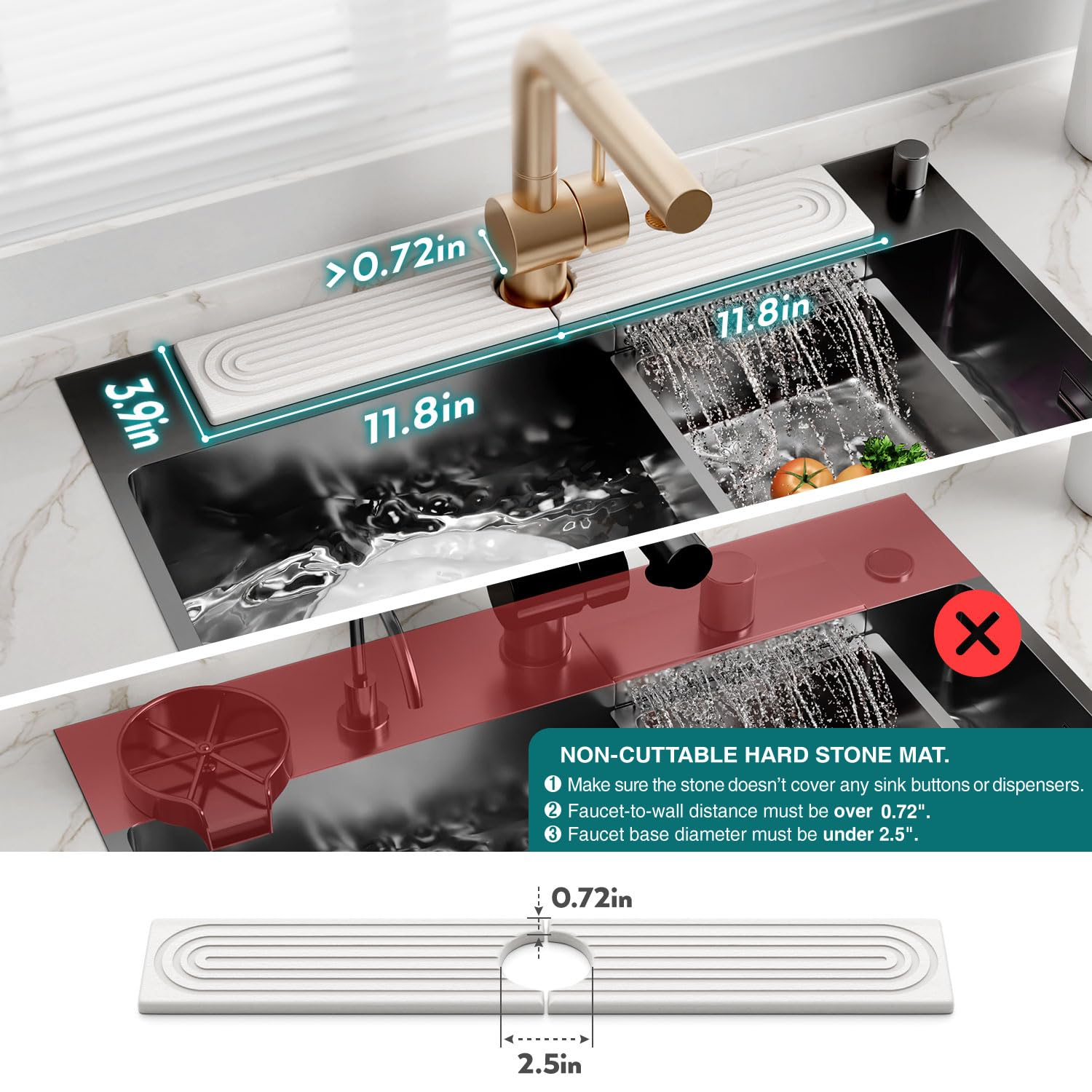 Eormoe Stone Faucet Mat for Kitchen Sink – Diatomite Drying Stone Mat & Sink Protector, Prevent Moisture – Sink Splash Guard Water-Absorbing Stone Tray for Bathroom Counter [Light Grey,23.6" x 3.9"]