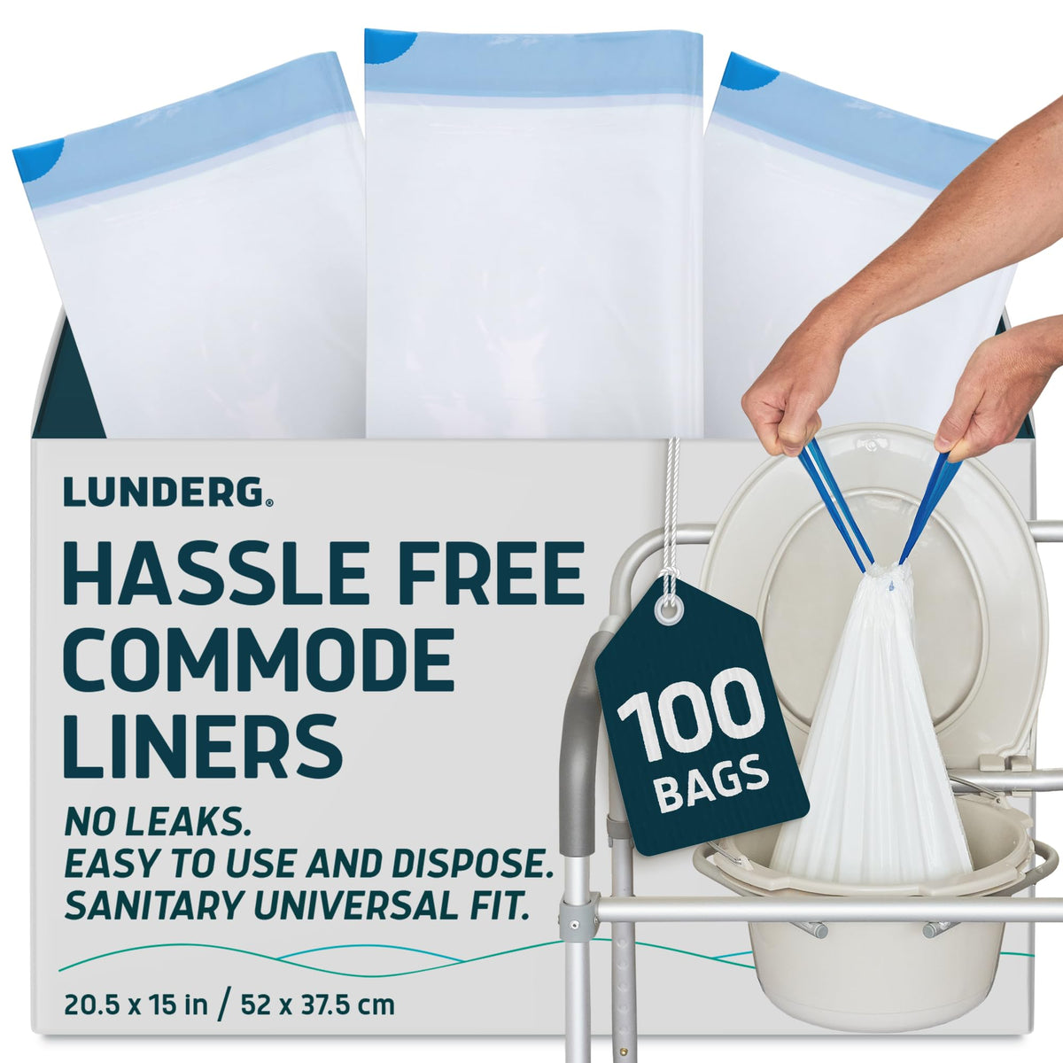 Lunderg Commode Liners - Value Pack 100 Count Universal Fit - Medical Grade Bedside Liners Disposable for Adult Commode Chair, Portable or Camping Toilet Bags