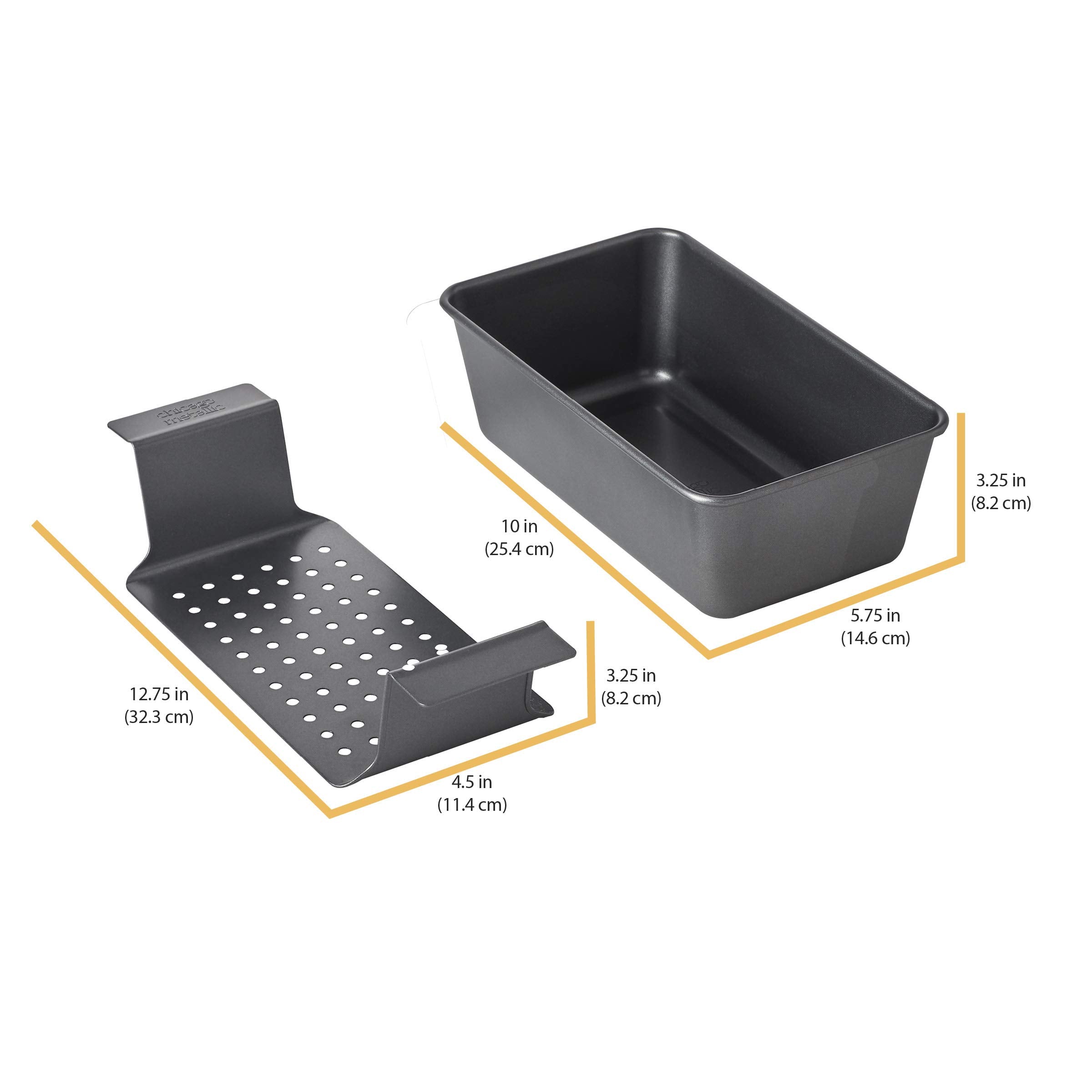 Chicago Metallic 2-Piece Healthy Meatloaf Pan with Draining Insert Professional Grade Non-Stick Carbon Steel Baking Pan with Lift and Serve Feature, 12.2 inch, Grey
