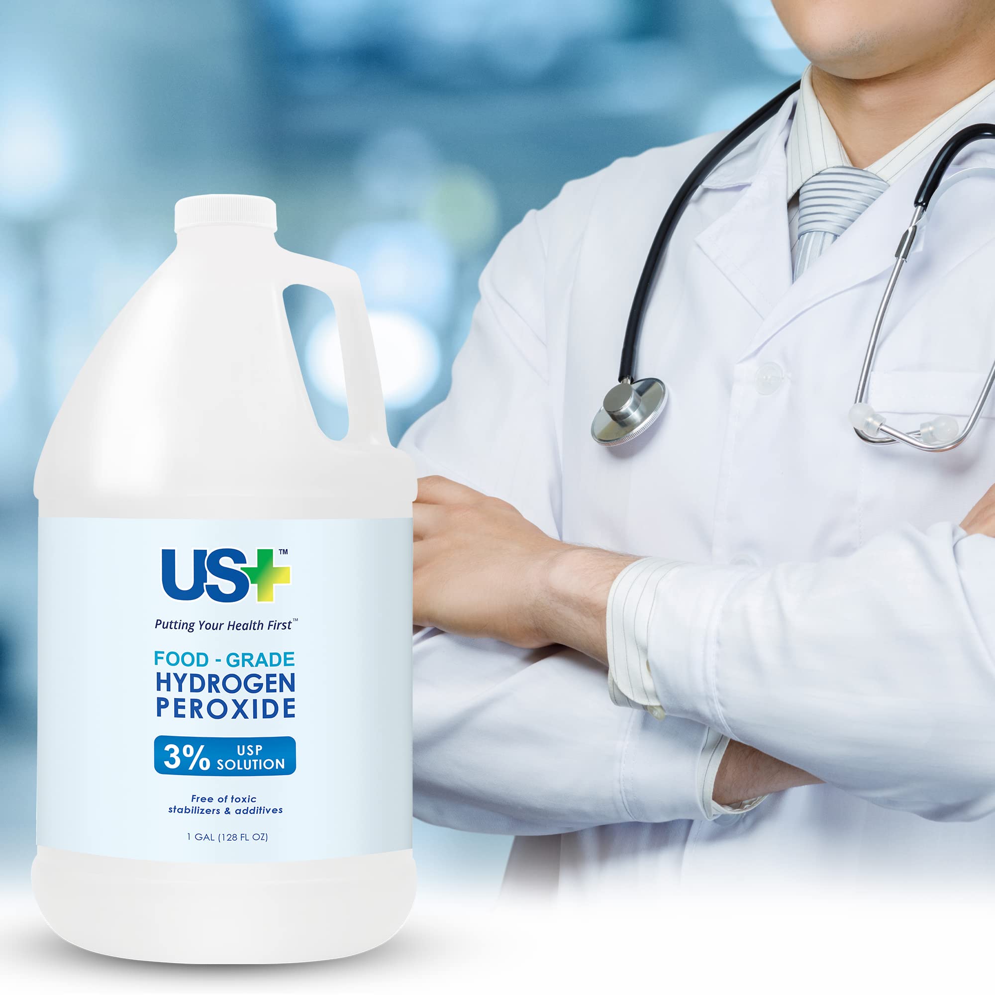US+ Food Grade 3% Hydrogen Peroxide - Versatile All-Natural Cleaner - Made in USA - 1 Gallon (128 Fl Oz)