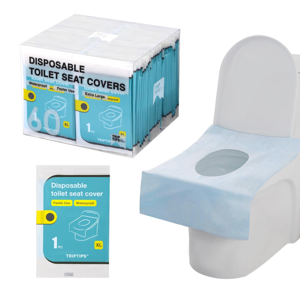 TRIPTIPS Toilettensitzauflagen Einweg-Reisepackung 60 StückSchnellere Anwendung – AufkleberfreiWasserdichtXL Einweg-Toilettensitzauflage für Erwachsene und Kinder, einzeln verpackt für öffentliche Toiletten/Flugzeuge (60 Stück)