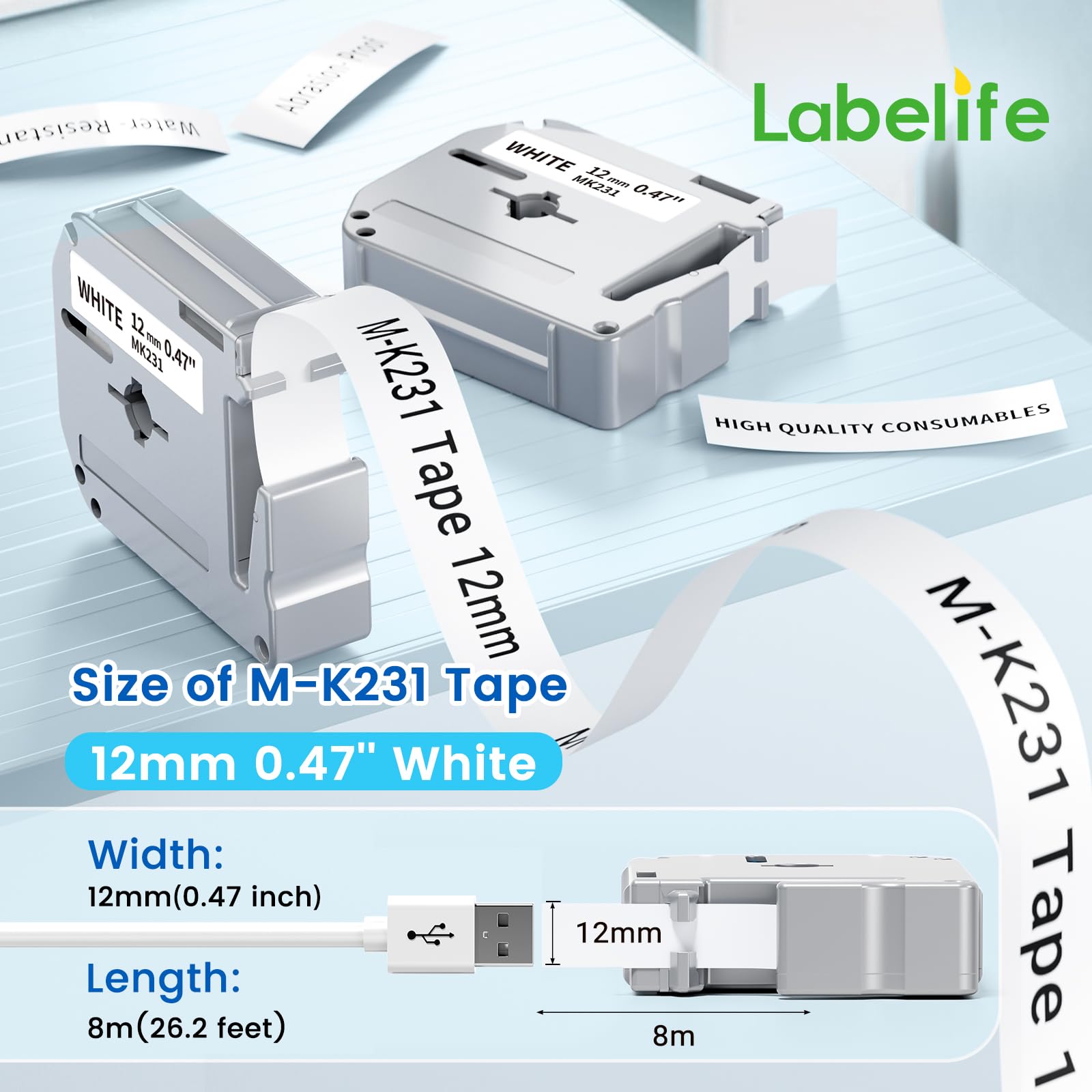 Labelife M-K231 Label Tape Replace for Brother P Touch M Tape M-K231S M231 MK231 M-231 12mm 0.47 Inch for Brother PTouch PT-M95 PT-65 PT-80 PT-70 PT-45 PT-90 Label Makers, Black on White, 4 Pack