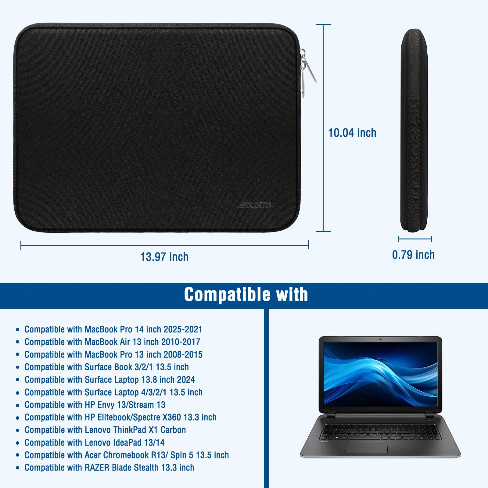MOSISO Laptop Case 13.3 inch, 13-13.3 inch Laptop Sleeve Bag Compatible with MacBook Air/Pro 13 / Pro 14, HP Dell ASUS Lenovo Notebook, Neoprene Computer Sleeve Bag with Small Case, Black