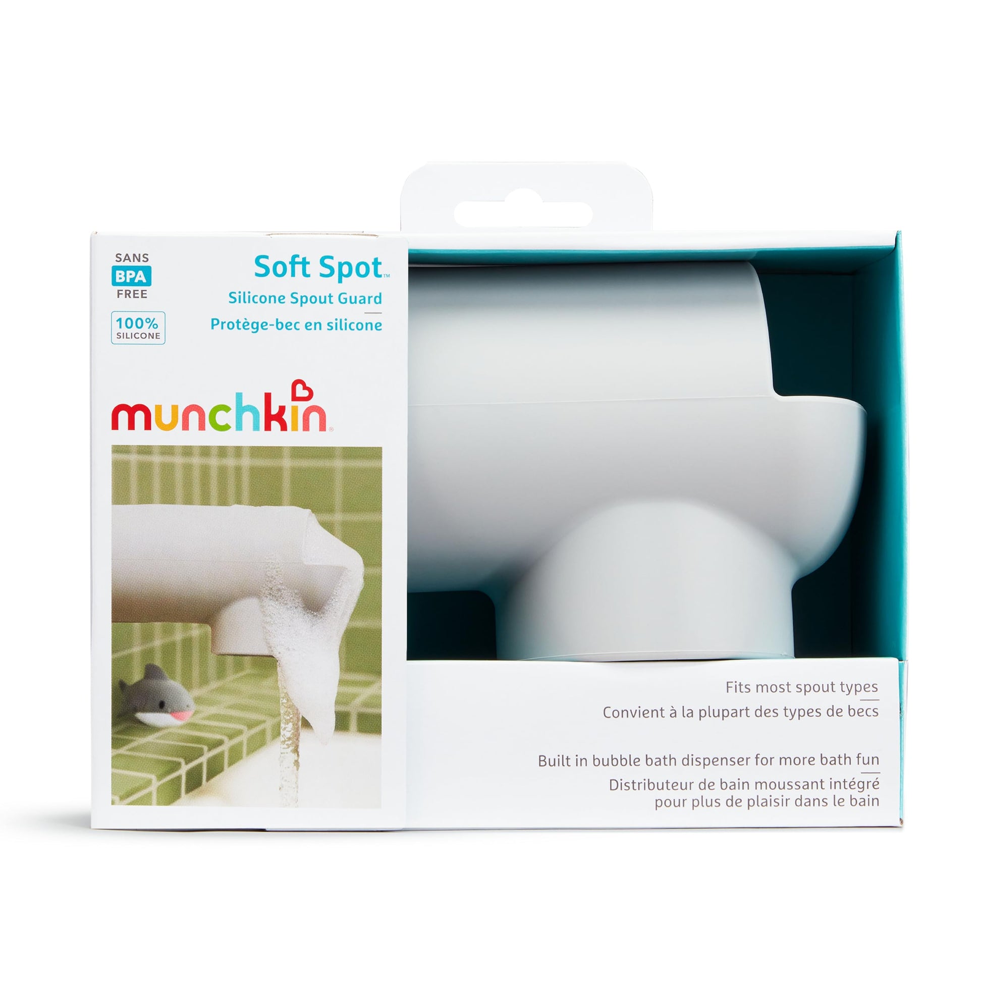 Munchkin® Soft Spot™ Bath Spout Cover for Baby, Bathtub Guard with Built-in Bubble Bath Dispenser, Silicone, Grey
