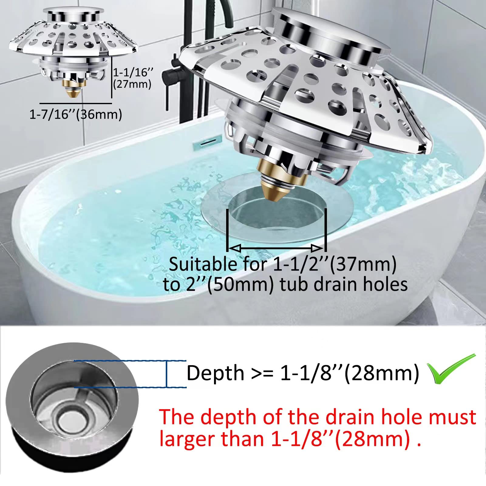 AzWzz Universal Tub Stopper Bathtub Drain Plug, Pop Up Tub Drain Hair Catcher, Drain Cover with Strainer, for 1-3/8 to 2in Bath Drain Hole
