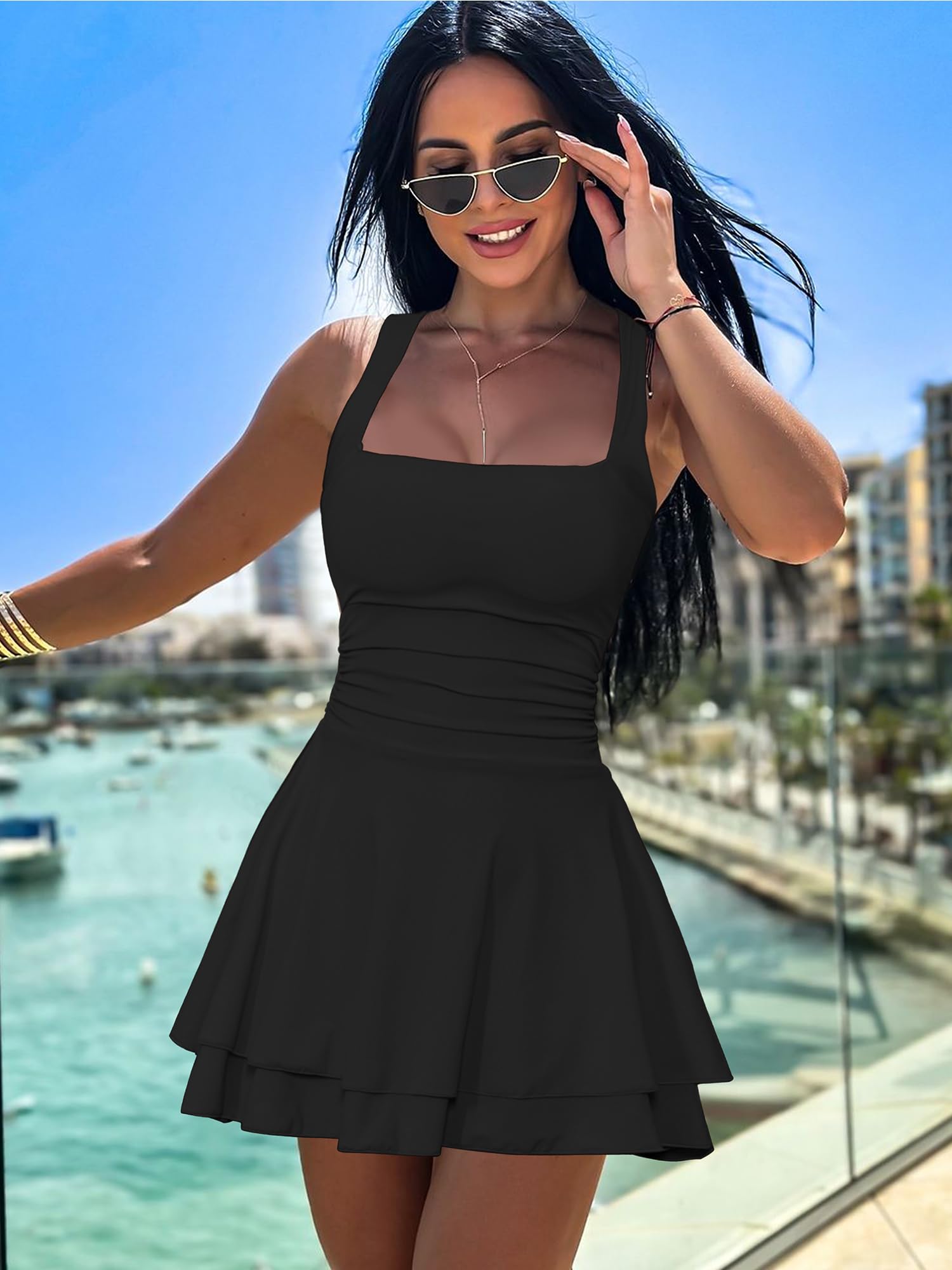 Kaximil Women's Square Neck Ruffle Hem Mini Dress Ruched Waist Short Party Dresses, Medium, Black