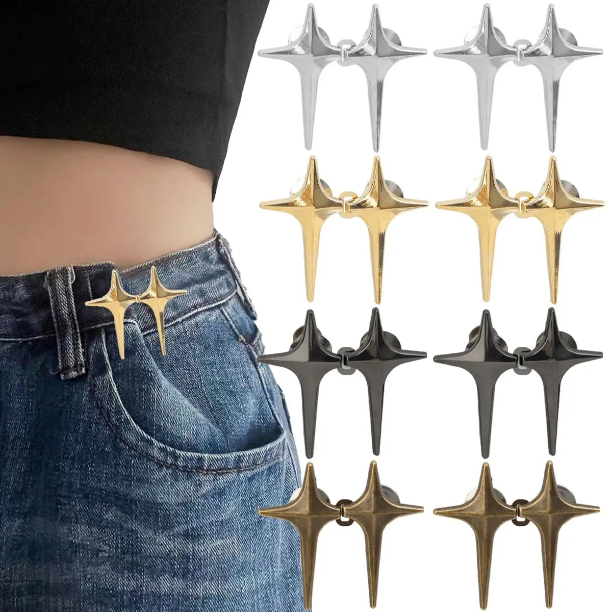 8 Sets Adjustable Star Button Pant Waist Tightener, Adjustable Waist Buckle Sets No Sew and No Tools Detachable Decorative Waist Buckles, Jean Buttons Pins for Loose Jeans, Pants, Skirts, Sleeves