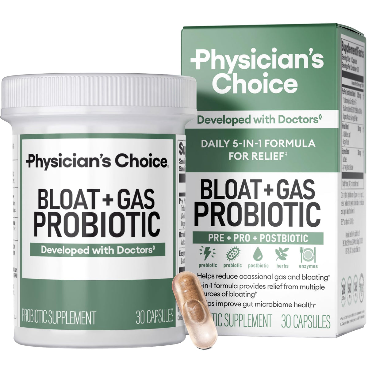 Physician's CHOICE Blähungen & Gas Probiotic 5-in-1 Proaktive Unterstützung + Tägliche Linderung – Verdauung & Darmgesundheit – Kräuter, Verdauungsenzyme, Post- & Präbiotika – Gaslinderung für Erwachsene – Frauen & Männer – 30 Stück