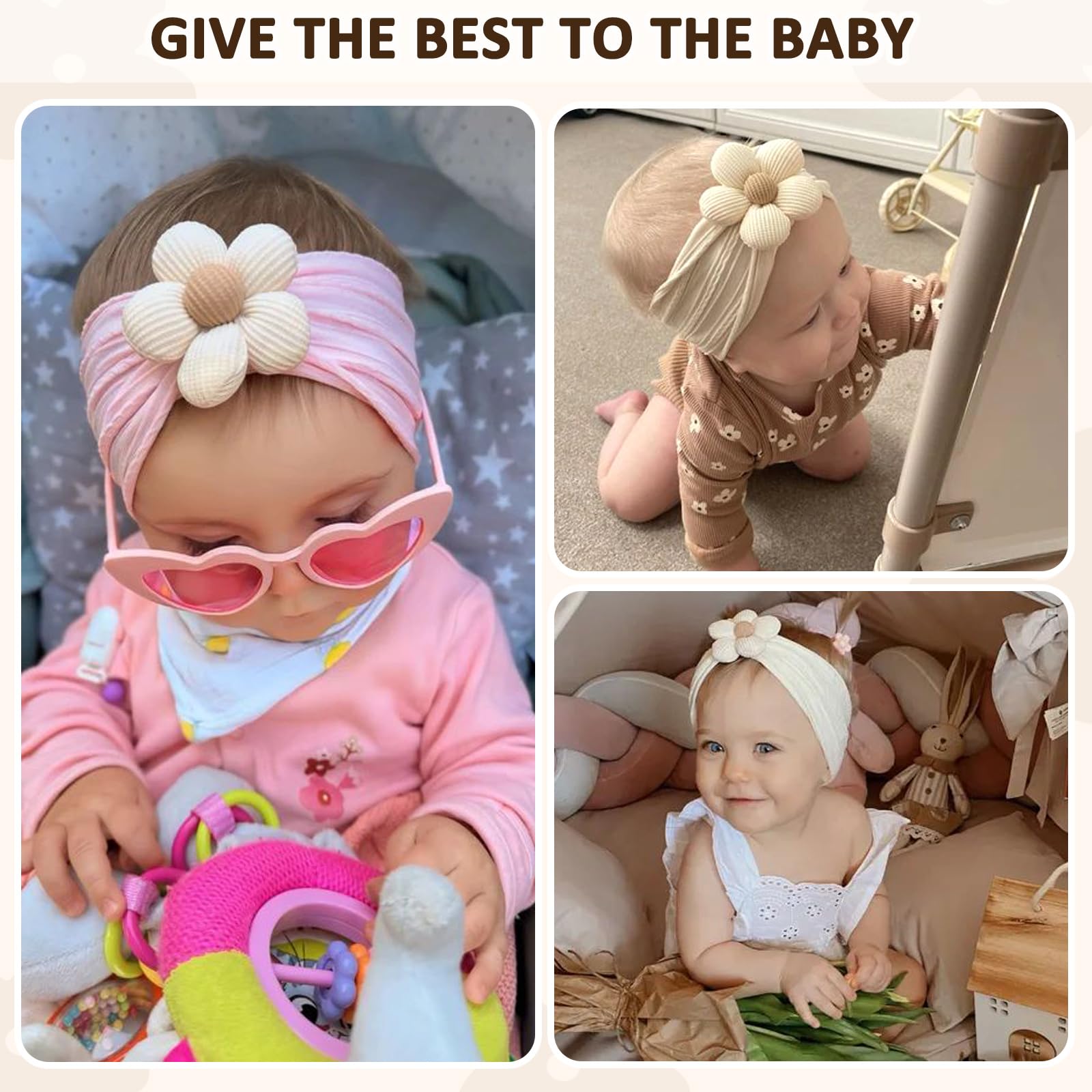 MIUXUESO 3 Pcs Baby Flower Headbands Baby Girls Nylon Headband Soft Hairbands Hair Accessories for Newborn Infant Toddler Kids (Beige Pink Khaki)