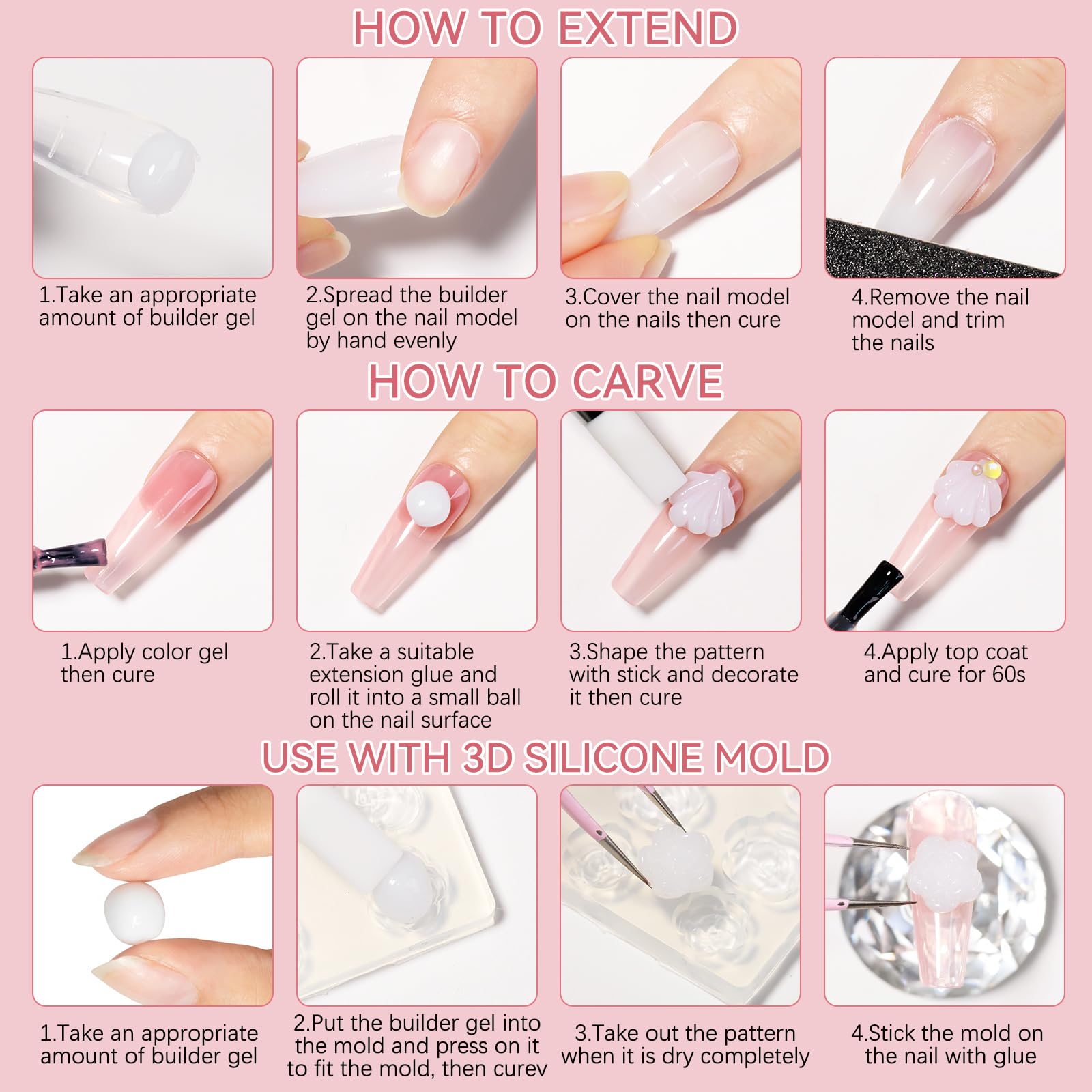 SUPWEE 3D Nail Art Gel Clear and White Solid Builder Gel for Nails Non-Stick Hand Sculpture Hard Gels with Dual Form for Carving Patterns Decoration Nail Art Home Manicure DIY for Women