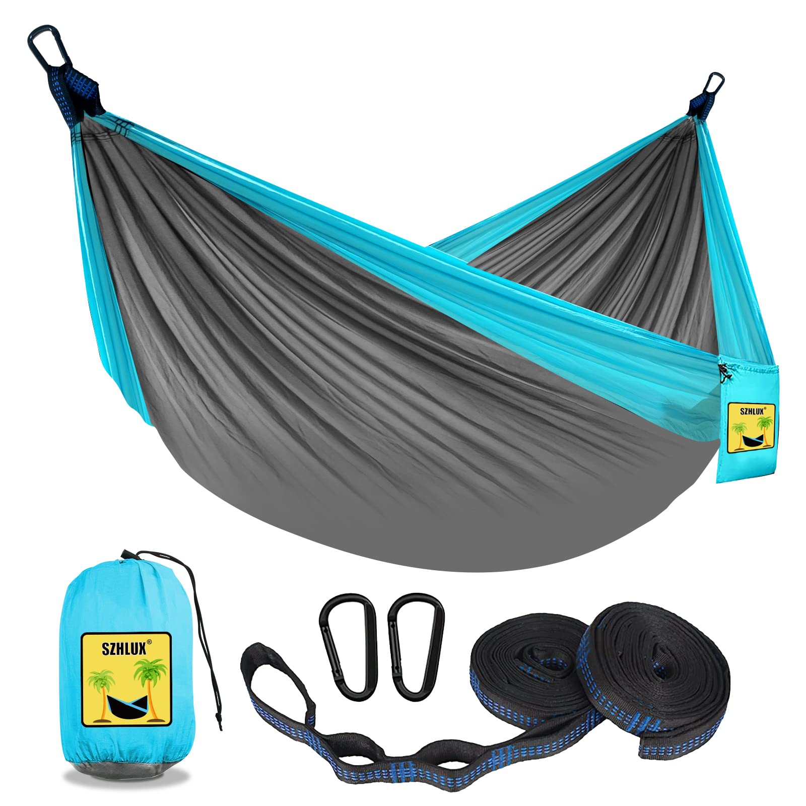 SZHLUX Camping-Hängematte Doppel- und Einzel-Hängematten mit 2 Baumgurten und integrierter Tragetasche, Ideal für Outdoor, Indoor, Strand, Camping, Hellgrau / Himmelblau