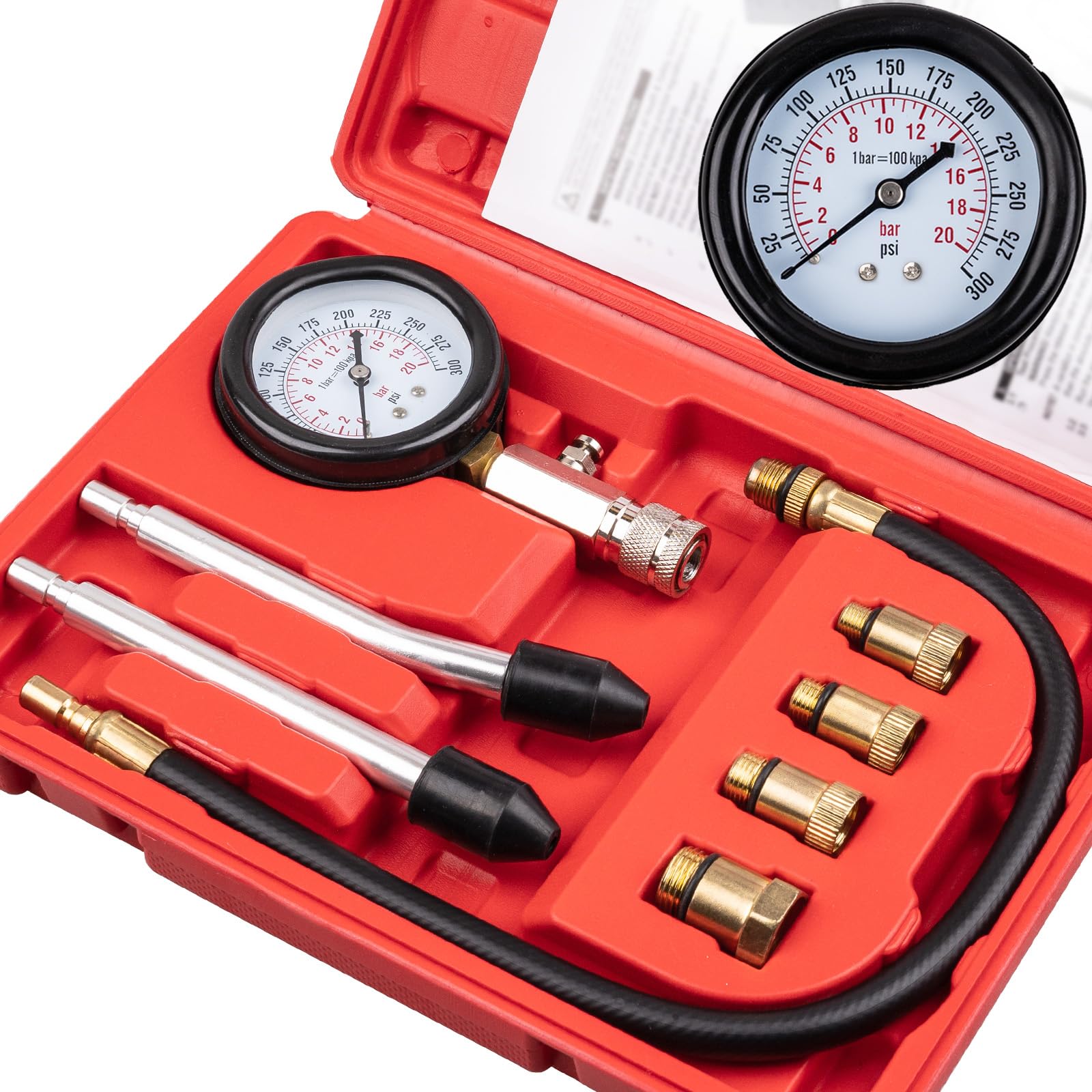 Clatoon 8-teiliges Benzinmotor-Zylinderkompressionstester-Kit, Kompressionstester für kleine Motoren, Kfz-Werkzeug, Messgerät 0-300 PSI zum Testen von Auto, Motorrad, Außenbordmotor, Schneemobil, Kettensäge