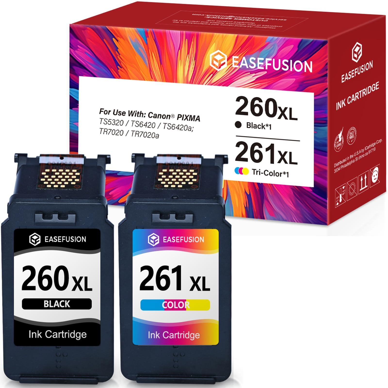 EaseFusion 260XL 261XL Replacement for Canon 260 and 261 Ink Cartridges PG-260 CL-261 Compatible with Canon Pixma TS6420a TS6420 TS6400 TR7020a TS5320 TR7000 TS5300 TR7020 Printer Ink Cartridges
