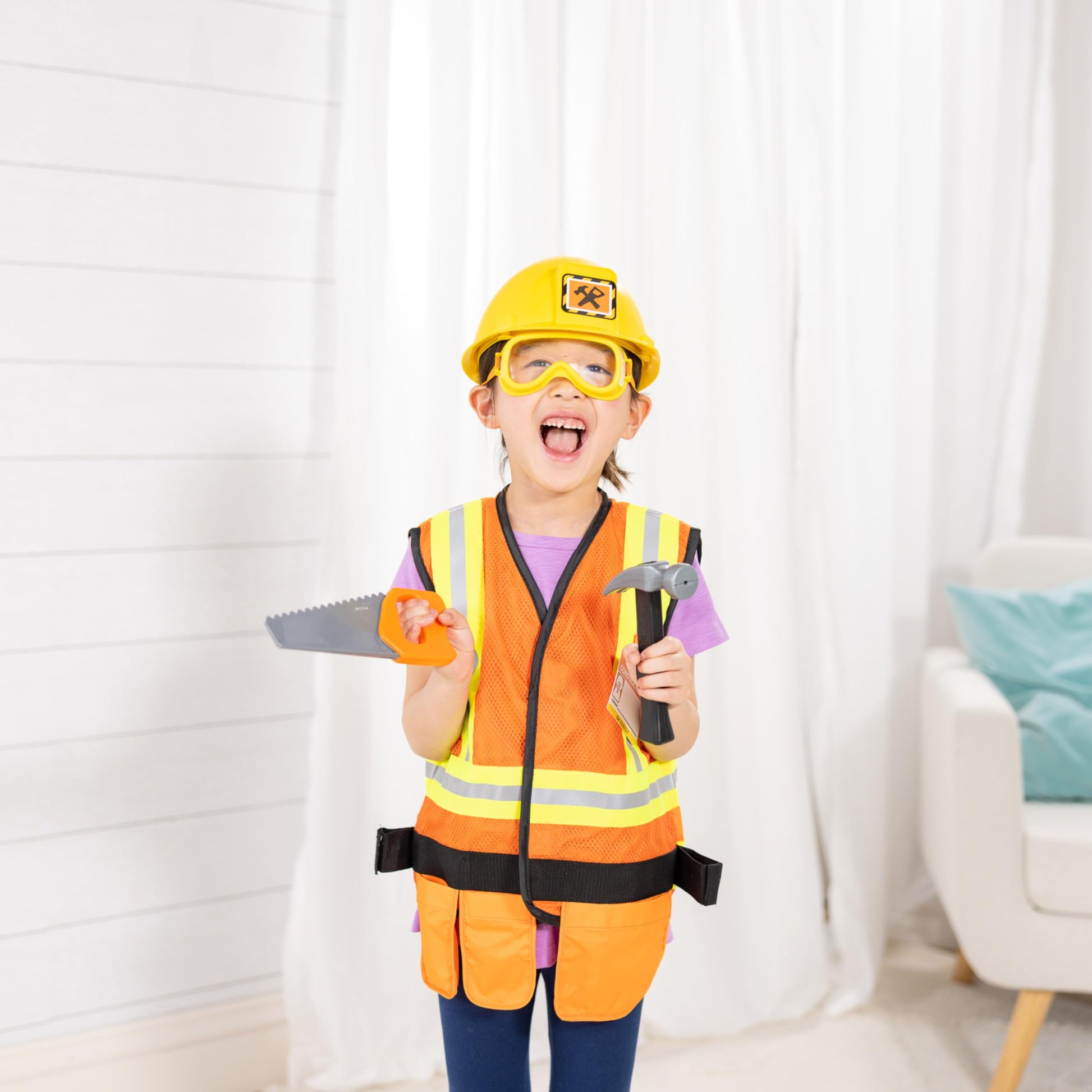 Melissa & Doug Construction Worker Costume Dress-Up Set for Kids (6-Piece) – Pretend Play Outfit with Tools & Safety Vest – Role Play Toys for Boys & Girls Ages 3+