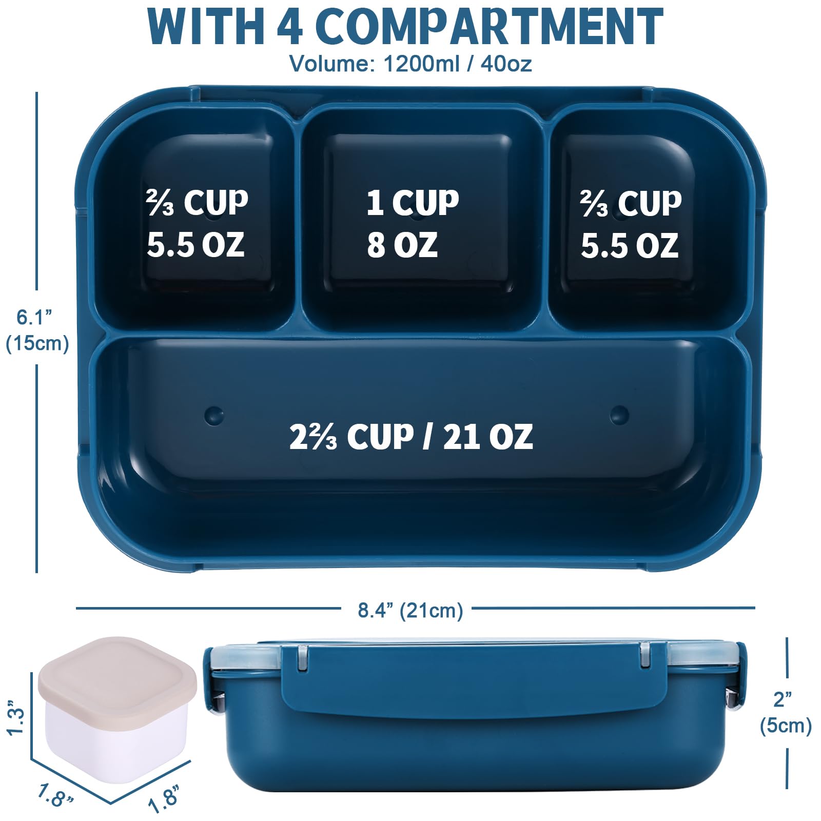 Bento Box Adult Lunch Box, Kids Lunch Containers for School with 4 Compartments, with Utensils, Sauce Jar, Muffin Liners, Microwave Safe, Navy