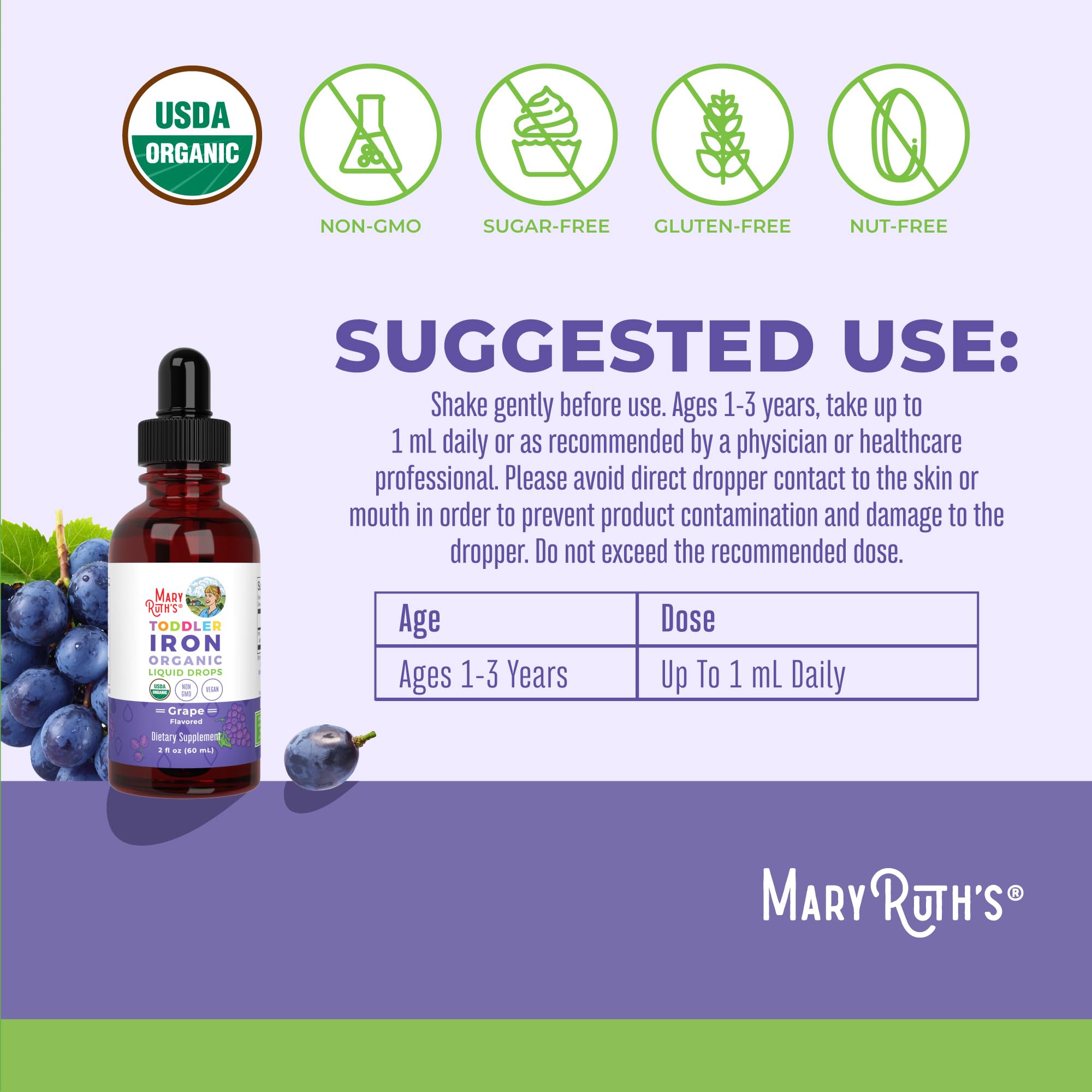 MaryRuth Organics Iron Supplement for Toddlers | Liquid Iron Supplement for Children Ages 1-3 | Iron Supplement for Iron Deficiency | Ferrochel | Sugar Free | Vegan | Non-GMO | Gluten Free | 2 Fl Oz