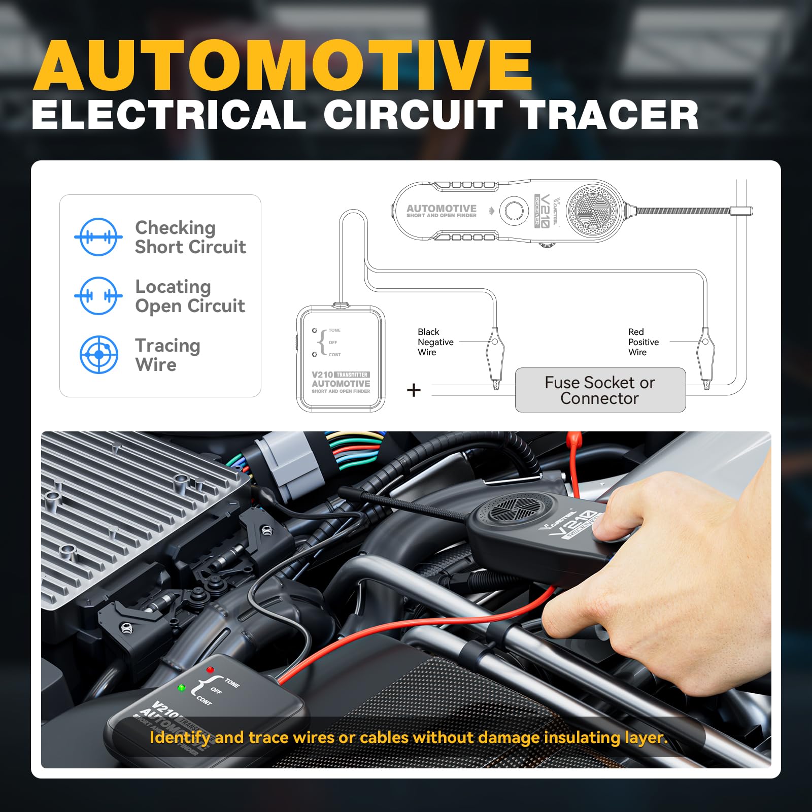 VDIAGTOOL V210 Wire Tracer Automotive Electrical Open & Short Finder Circuit Tester Wire Breaker Finder Fault Probe Cable Tracker Electrical DC 6-42V