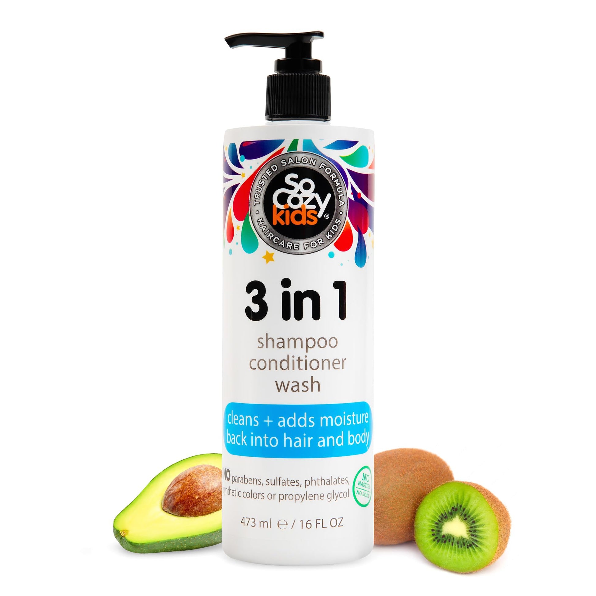 SoCozy 3 in 1 Kids Shampoo + Conditioner + Body Wash (16 Fl Oz) Gentle, Hydrating Hair & Body Cleanser with Keratin, Vitamin B5, & Kiwi Extract, Paraben & Sulfate-Free