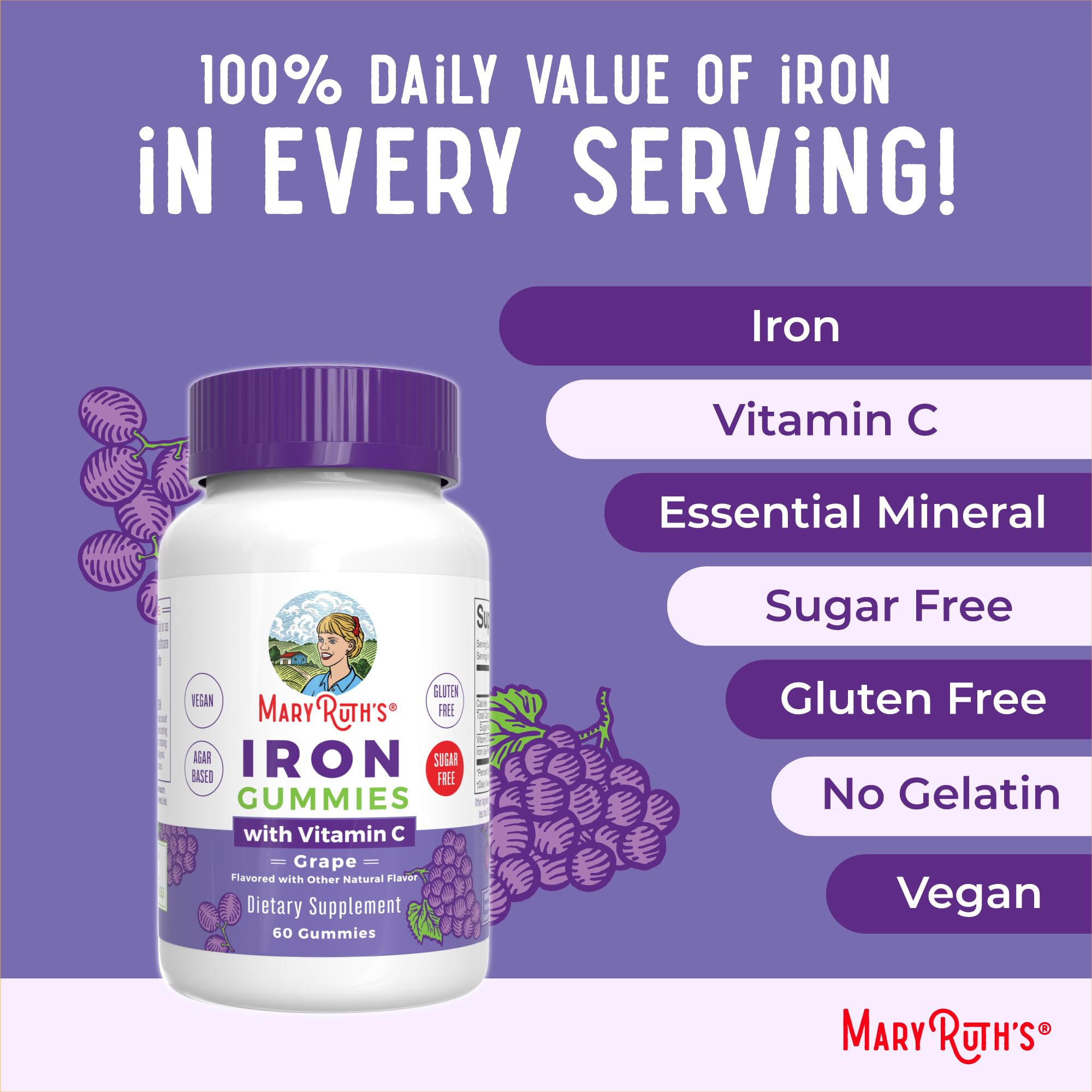 MaryRuth Organics Iron Gummies for 14+ with Vitamin C for Absorption | Sugar Free | Gummy Iron Supplement + VIT C | Energy Metabolism | Cellular Health | Immune Support | Vegan | Non-GMO | 60 Count