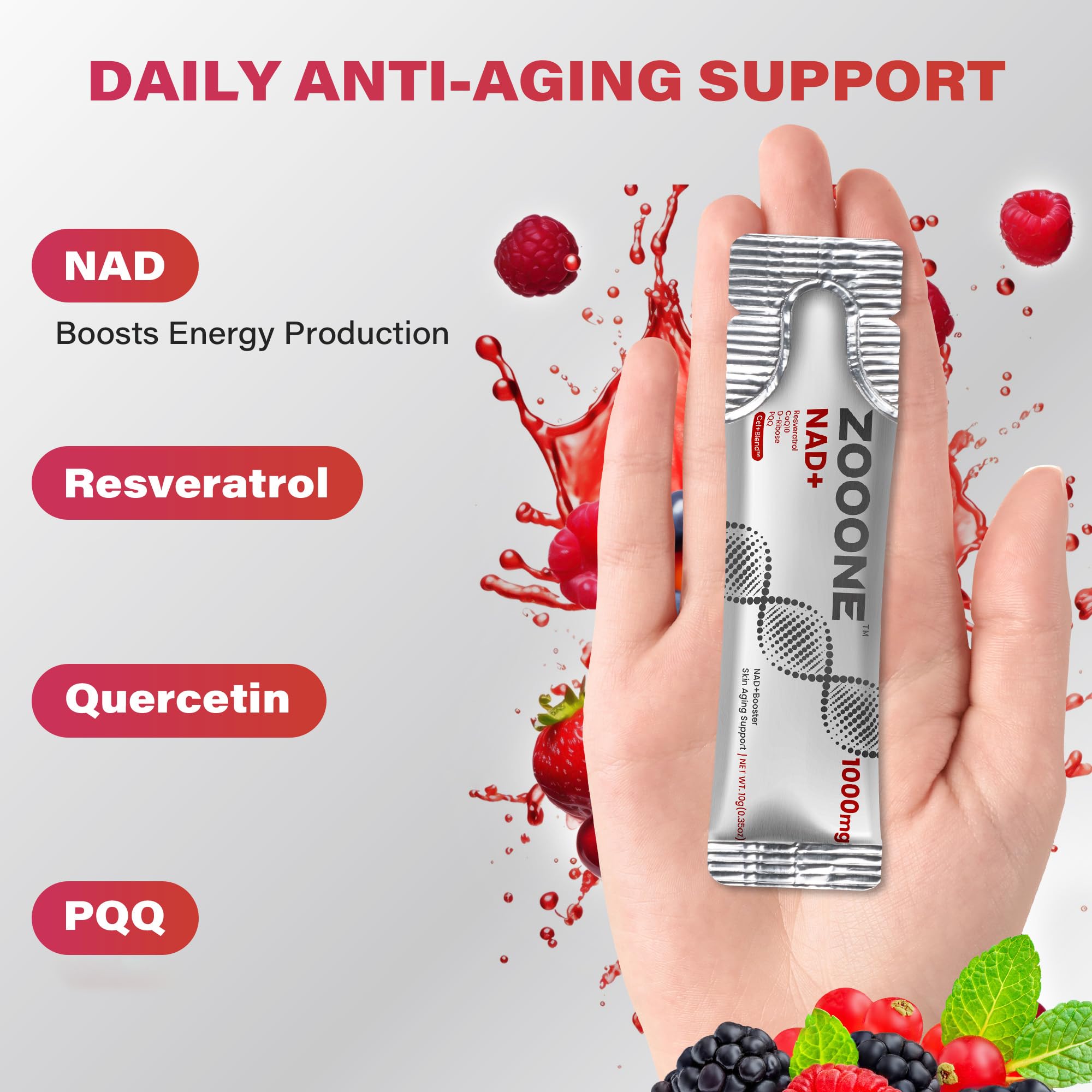 zooone NAD+ 1000mg Liquid Packets Supplement - Premium Nicotinamide Riboside & Resveratrol for Cellular Energy,Advanced NAD Booster for Men & Women (30 Pocket)