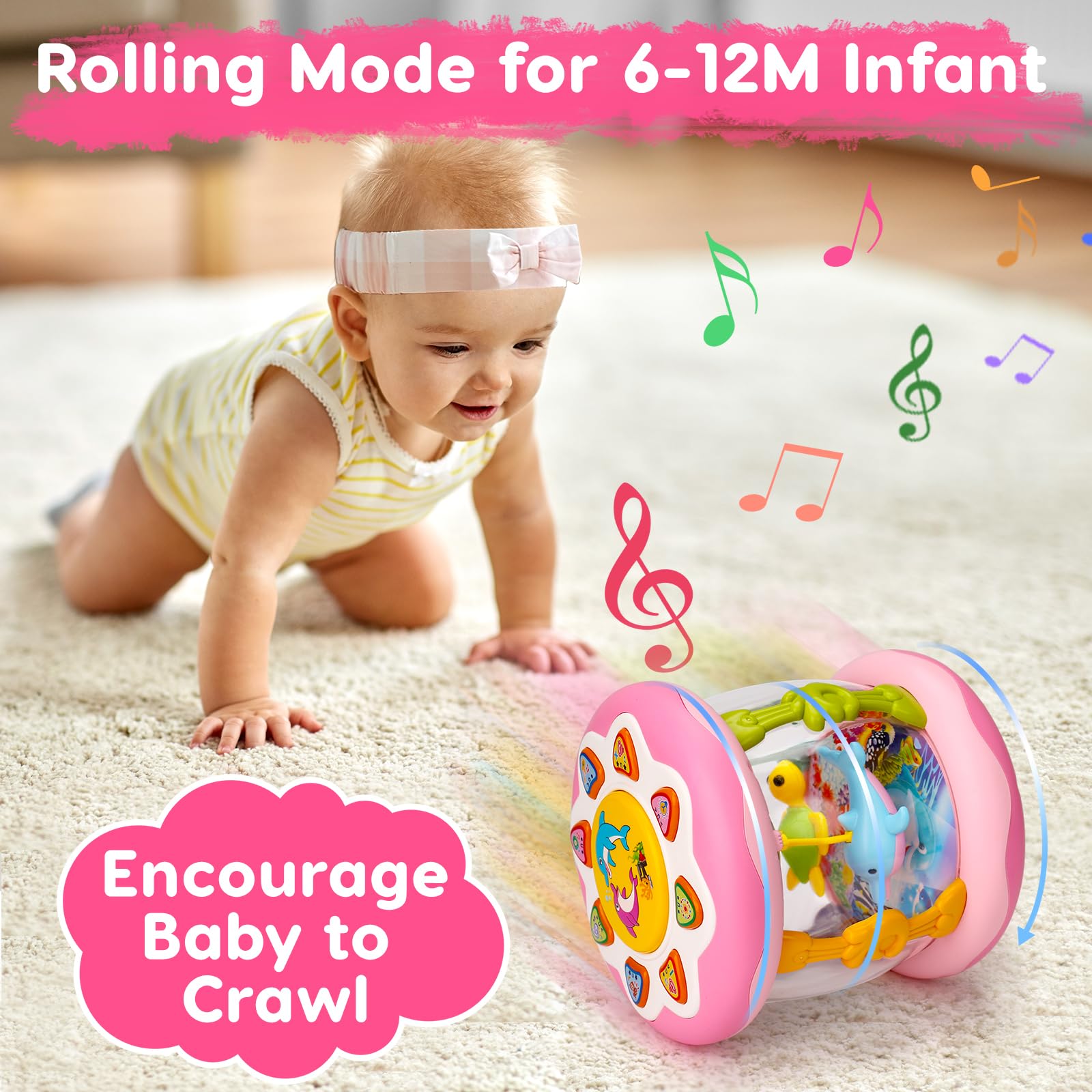 Baby Musical Light Up Toys 0-6 Months Tummy Time Ocean Projector Rotating Infant 0-3 4 5 6 7 8 9 Months Baby Aquarium Crawling Pink Toys Babies 6-12 Month Girls 1 2 Year Old Birthday Newborn Gifts