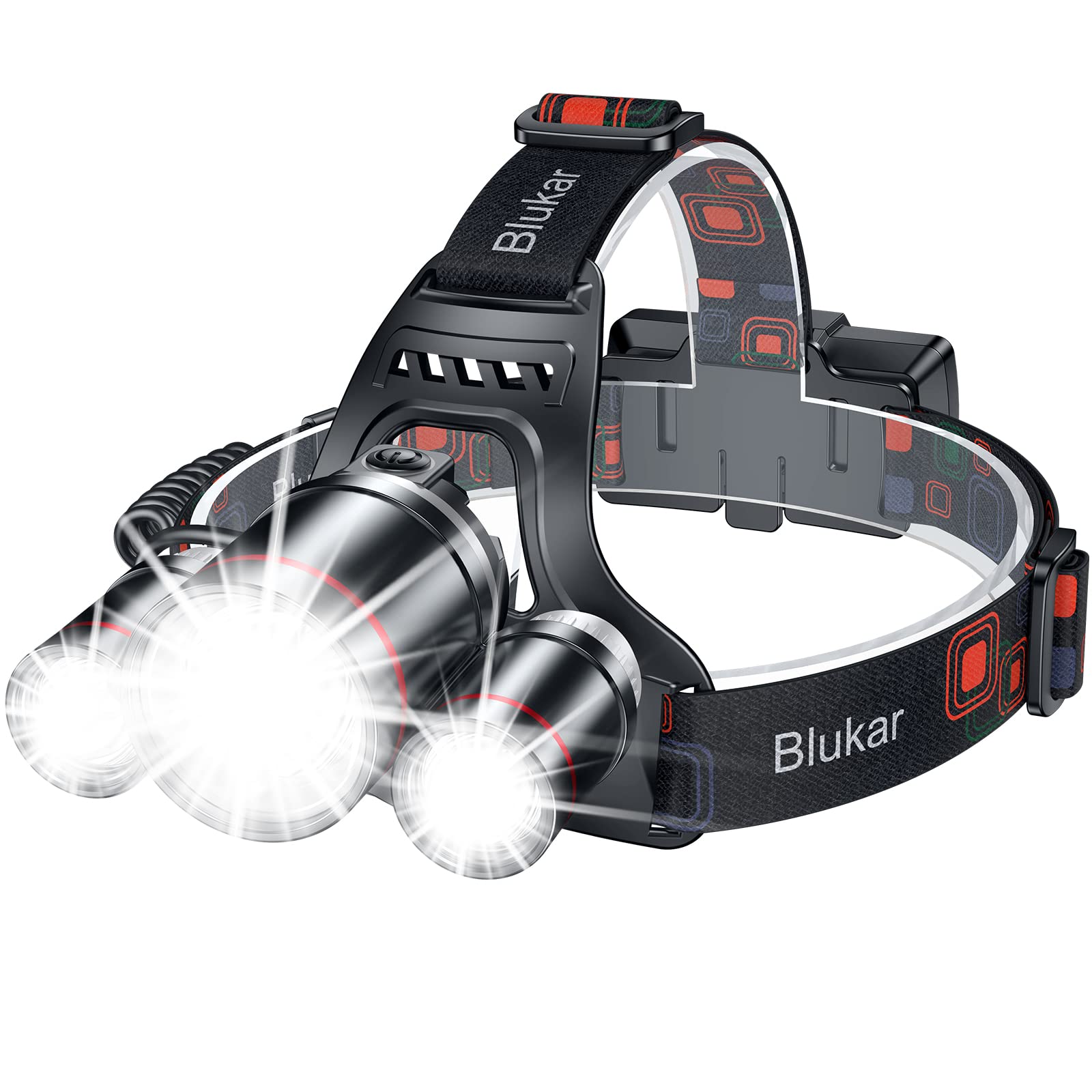 Blukar LED Stirnlampe, superhelle, wiederaufladbare Kopflampe – 3 Lichter, 5 Modi, zoombar, Kombination aus Scheinwerfer und Flutlicht, IPX6 wasserdicht, 20+ Stunden Leuchtdauer für Laufen, Wandern, Camping usw.