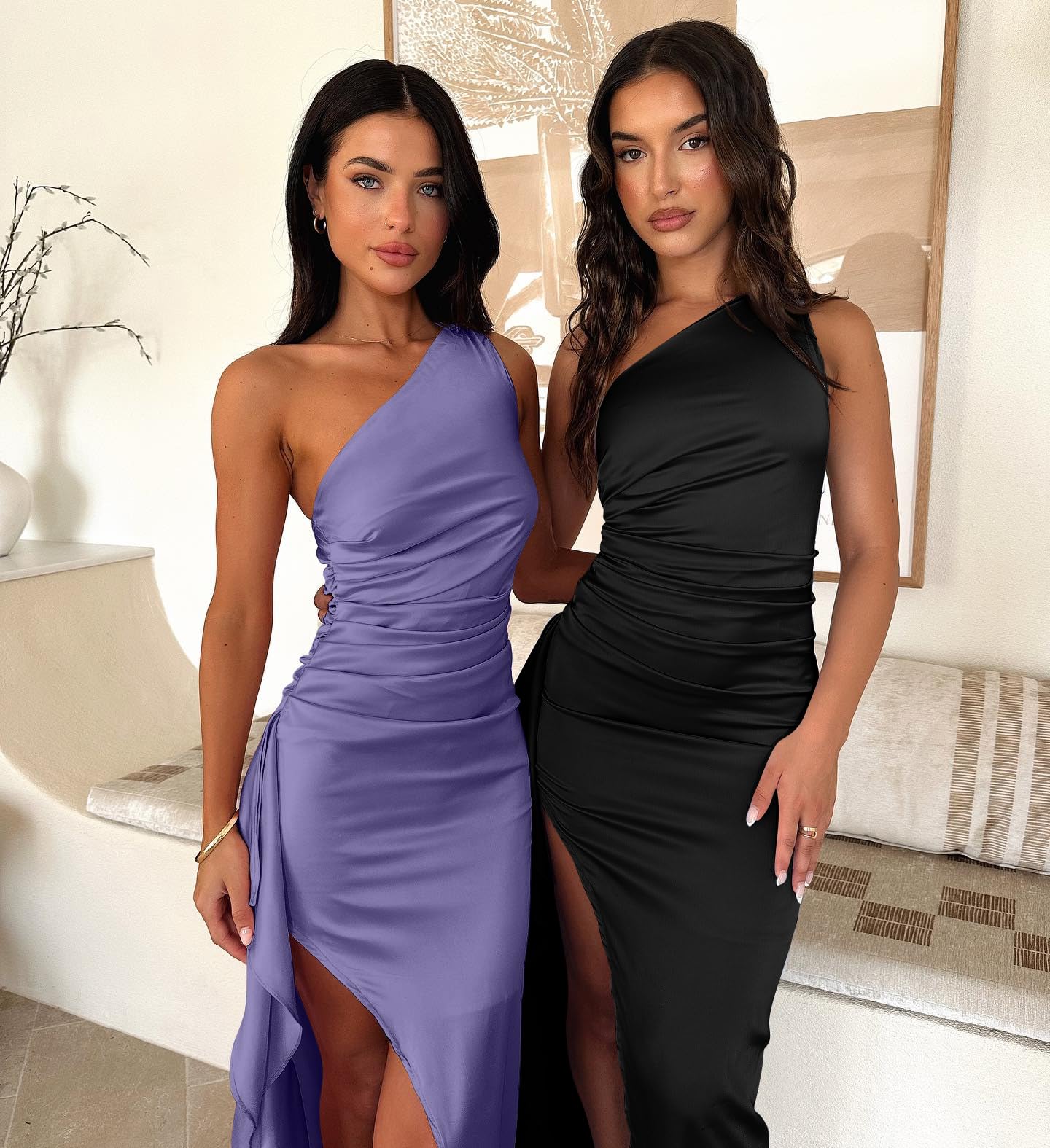 Memoriesea Women's Sexy One Shoulder Satin High Split Cocktail Evening Party Maxi Dress Black