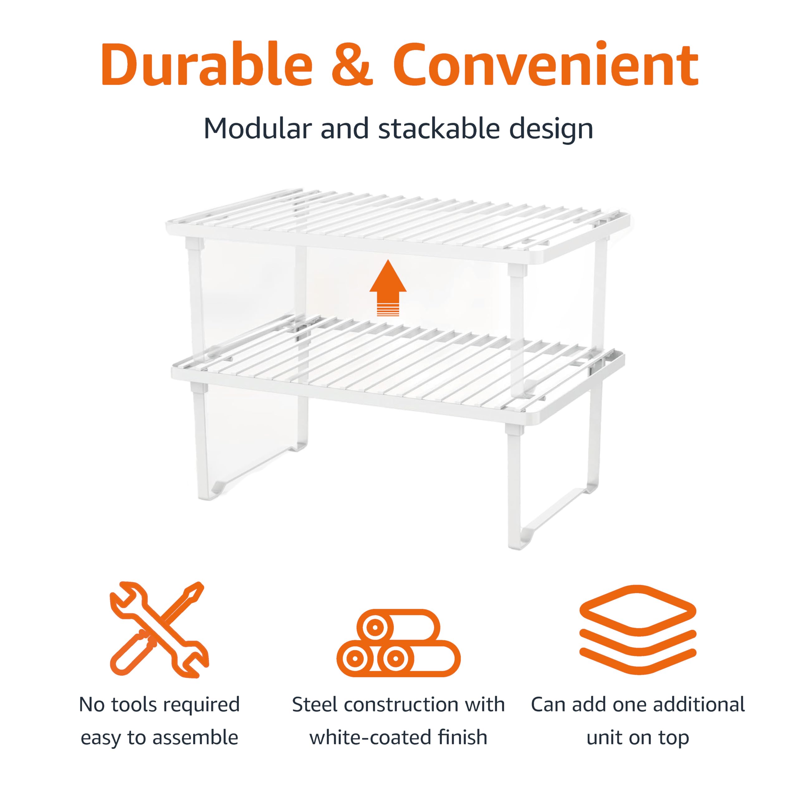 Amazon Basics Stackable Metal Kitchen Storage Shelves for Dishes, 12.5" L x 8" D x 4.5" H, Set of 2, White