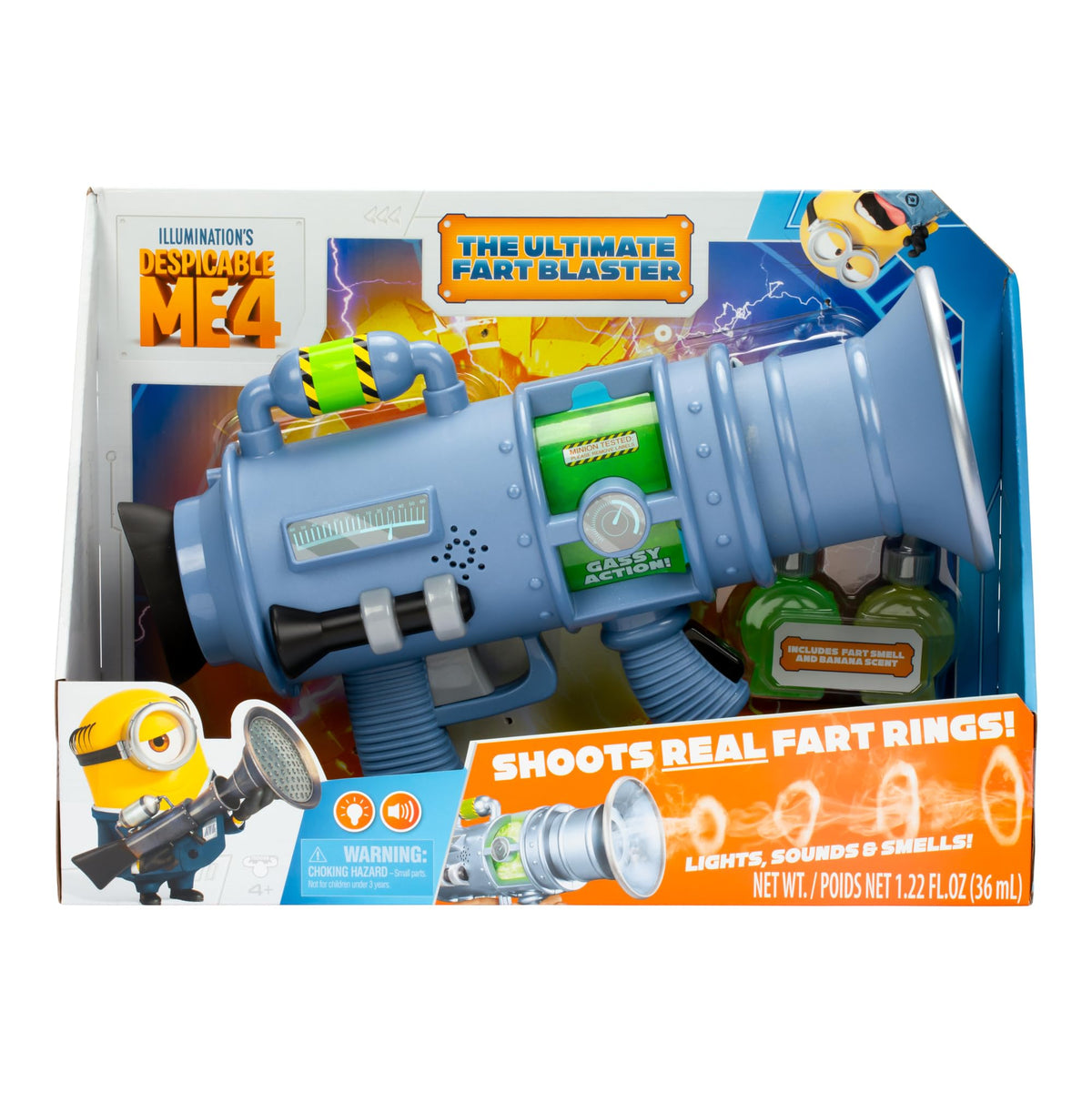 لعبة مينيونز من Despicable Me 4 Ultimate Fart Blaster - تطلق حلقات ضباب حقيقية | 15 مؤثرًا صوتيًا مضحكًا | تضيء بروائح الموز/الضراط | تتضمن تركيبتين للرائحة | هدية مقلب رائعة للأطفال بعمر 4 سنوات فما فوق