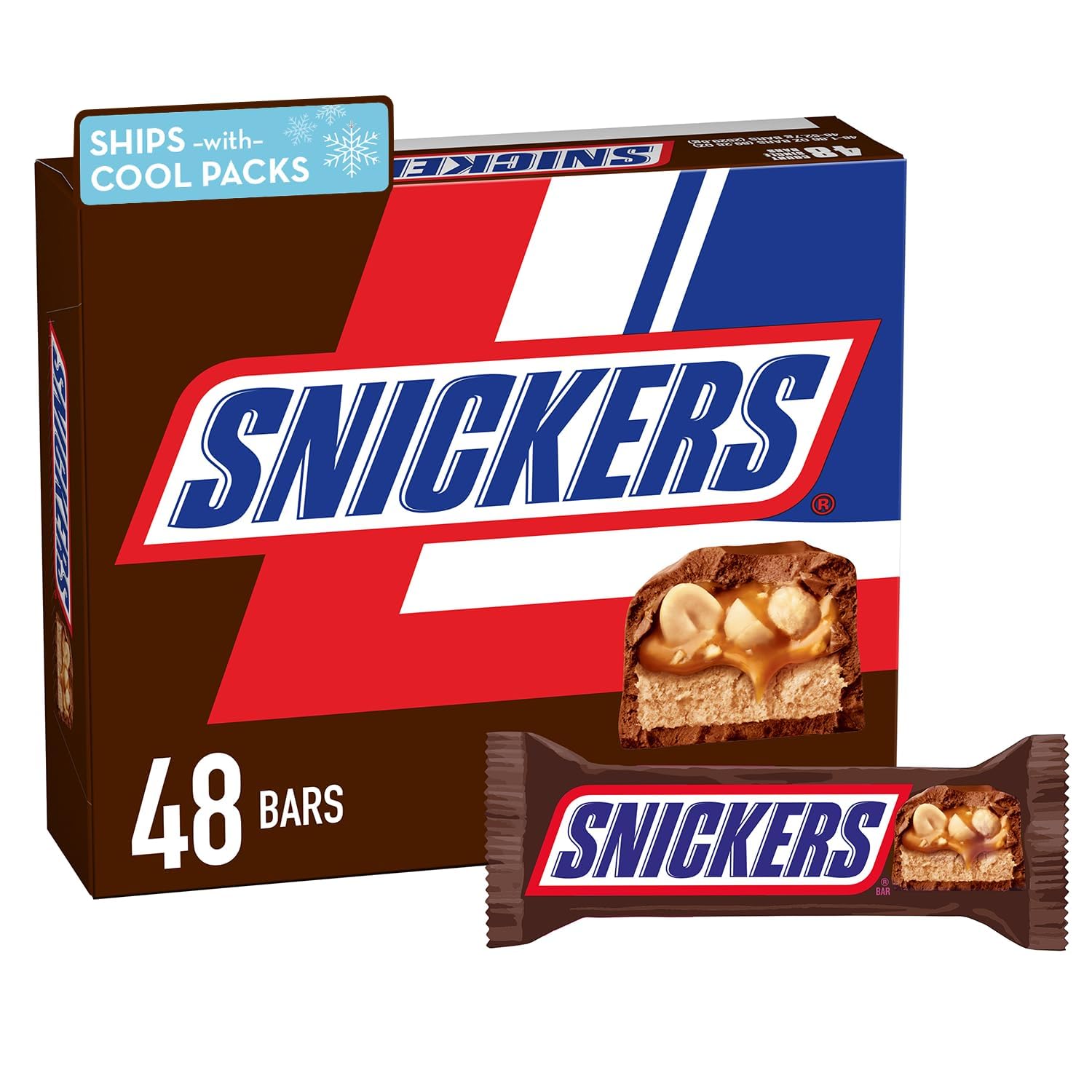 SNICKERS Vollmilchschokolade, Riegel, 52,7 g, 48 Stück Box Schokoladenbonbons