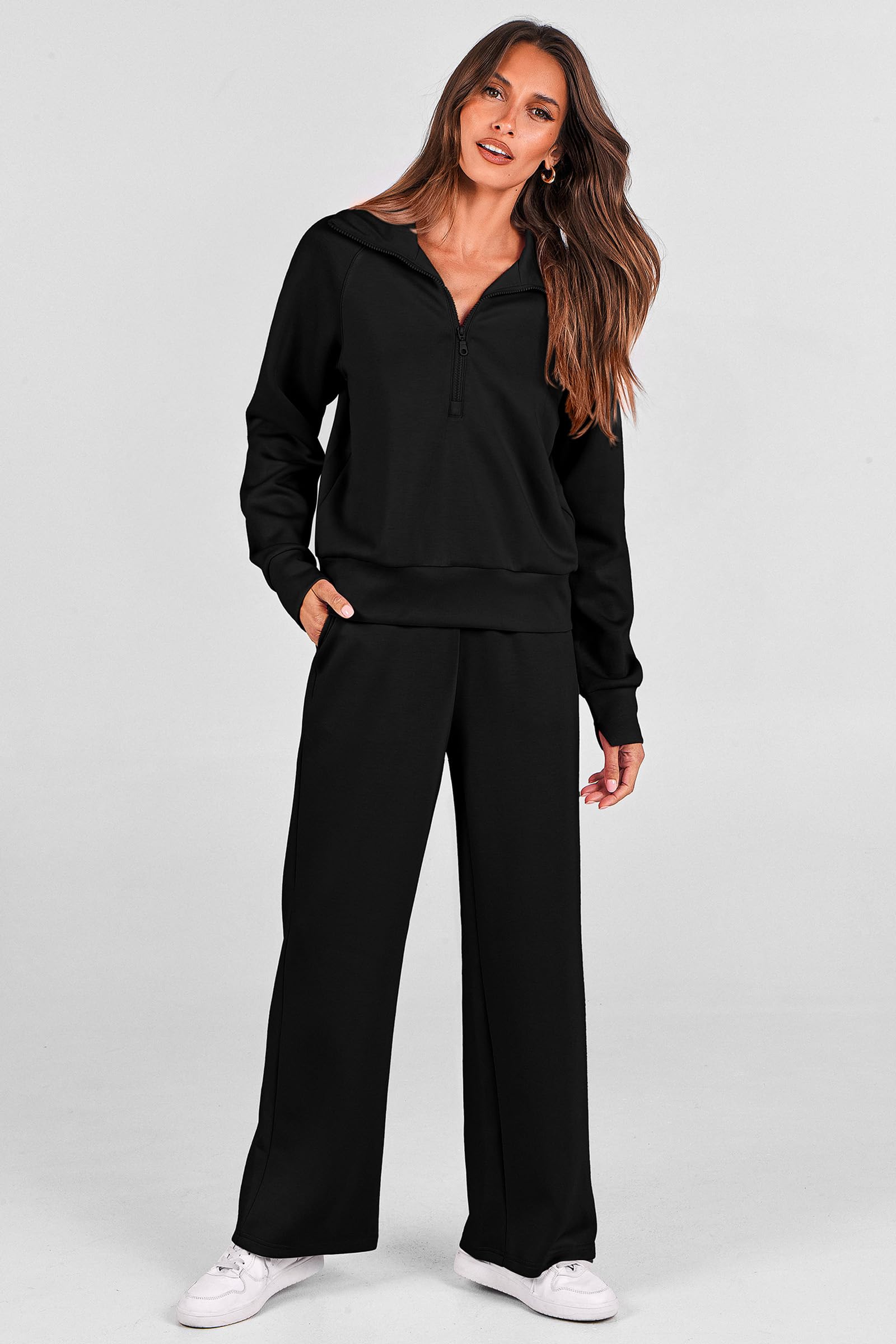 PRETTYGARDEN Women's 2025 Fall Lounge Sets Casual Half Zip Sweatshirt and Wide Leg Pants 2 Piece Outfits Sweatsuit (Black,Small)