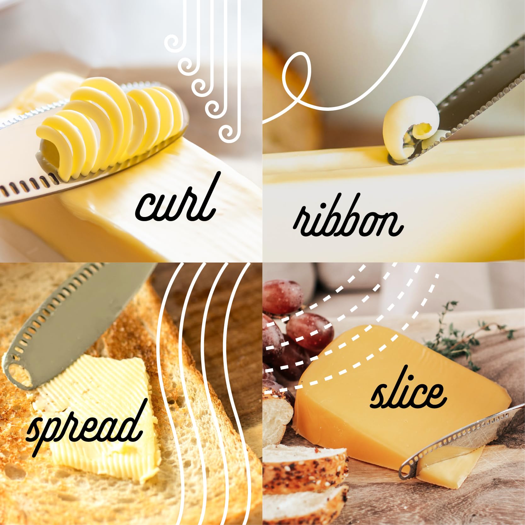 Houseify READY BUTTER 3-in-1 Butter Knife - Stainless Steel Serrated Knife With Holes in Blade - Cold Butter Spreader, Curler & Micro Grater - Dishwasher Safe