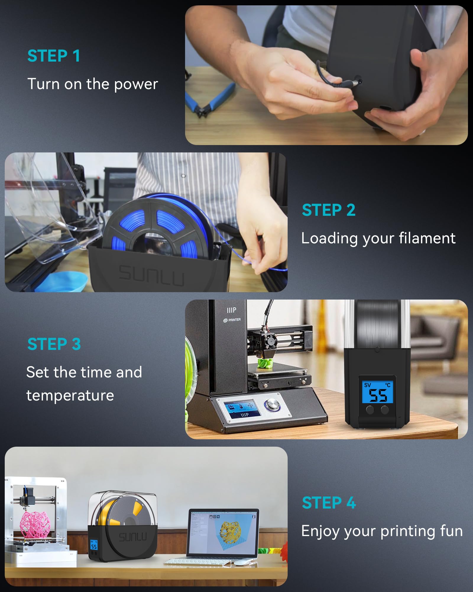 SUNLU Filament Dryer Box for 3D Printer Filament, S1 Plus Filament Dehydrator with Fan Design, Filament Storage can Keep 1.75 2.85 3.00mm PLA PETG ABS Filament Dry During 3D Printing (Black)