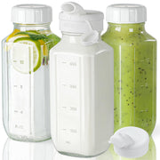 Glass Juice Bottles with Lids, 3 Pack Clear Glass Water Bottles w 2 Pour Spouts, 16 Oz Reusable Milk Jug w 100% Airtight Cap and Scale for Juicing Containers, Breast Milk Storage, Drinking Jar