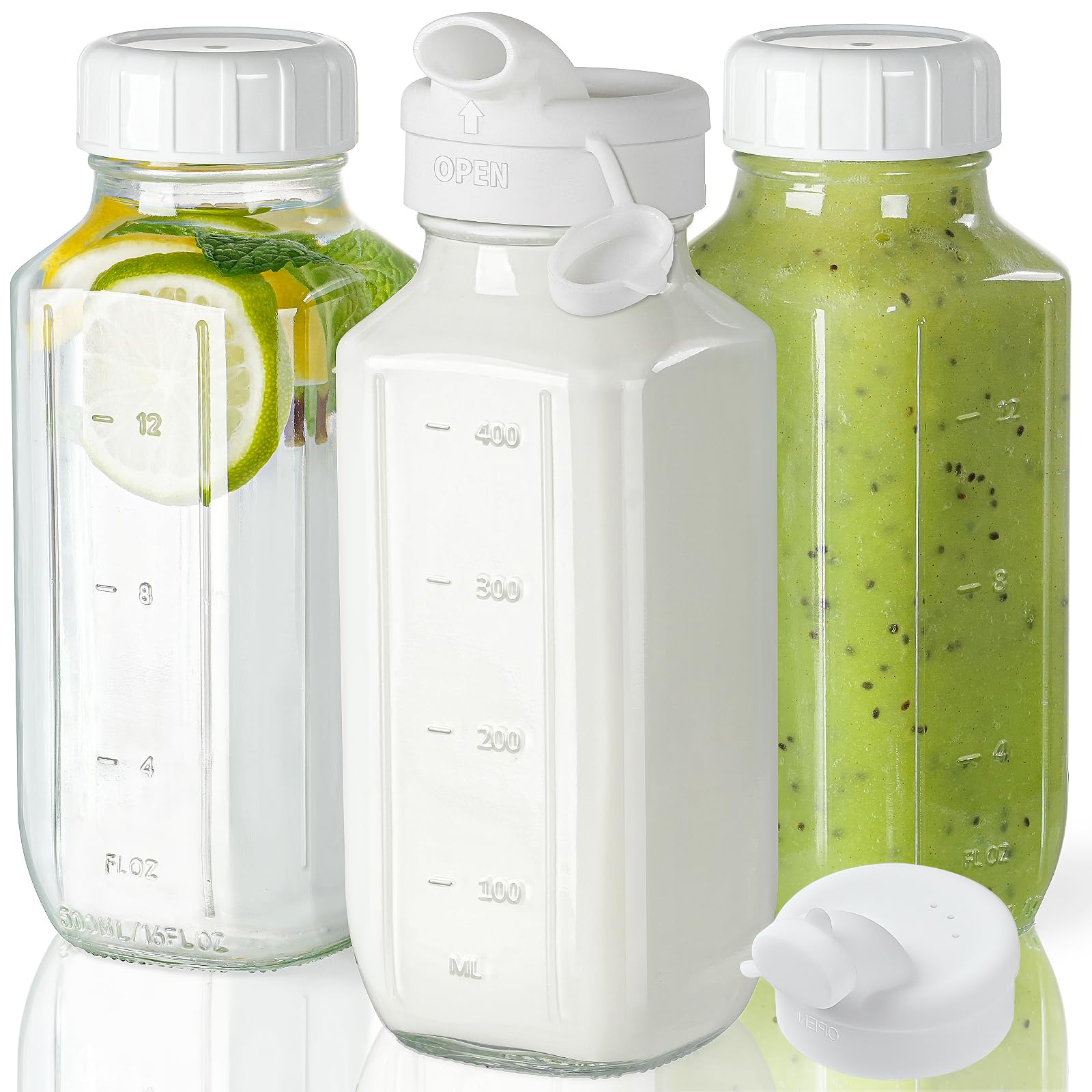 Glass Juice Bottles with Lids, 3 Pack Clear Glass Water Bottles w 2 Pour Spouts, 16 Oz Reusable Milk Jug w 100% Airtight Cap and Scale for Juicing Containers, Breast Milk Storage, Drinking Jar