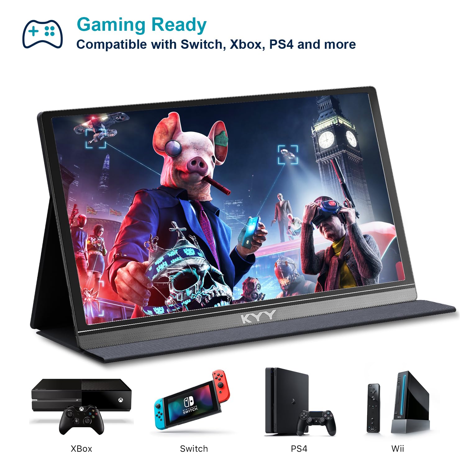 KYY Portable Monitor 15.6inch 1080P FHD USB-C, HDMI Computer Display HDR IPS Gaming Monitor w/Premium Smart Cover & Screen Protector, Speakers, for Laptop PC MAC Phone PS4 Xbox Switch