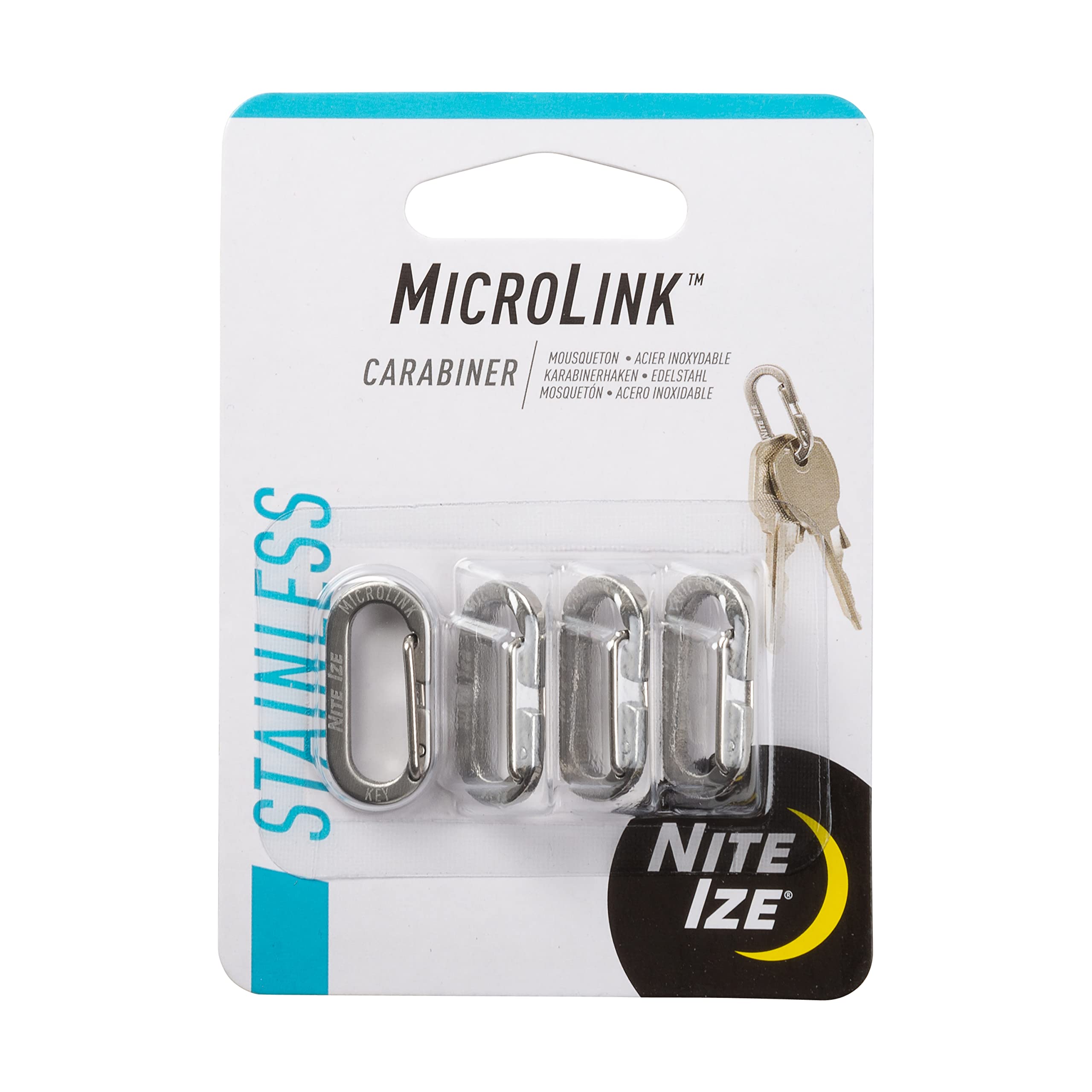 Nite Ize MicroLink Carabiner, Stainless Steel Mini Key Rings for Keys Fobs MultiTools and More, 4 Pack