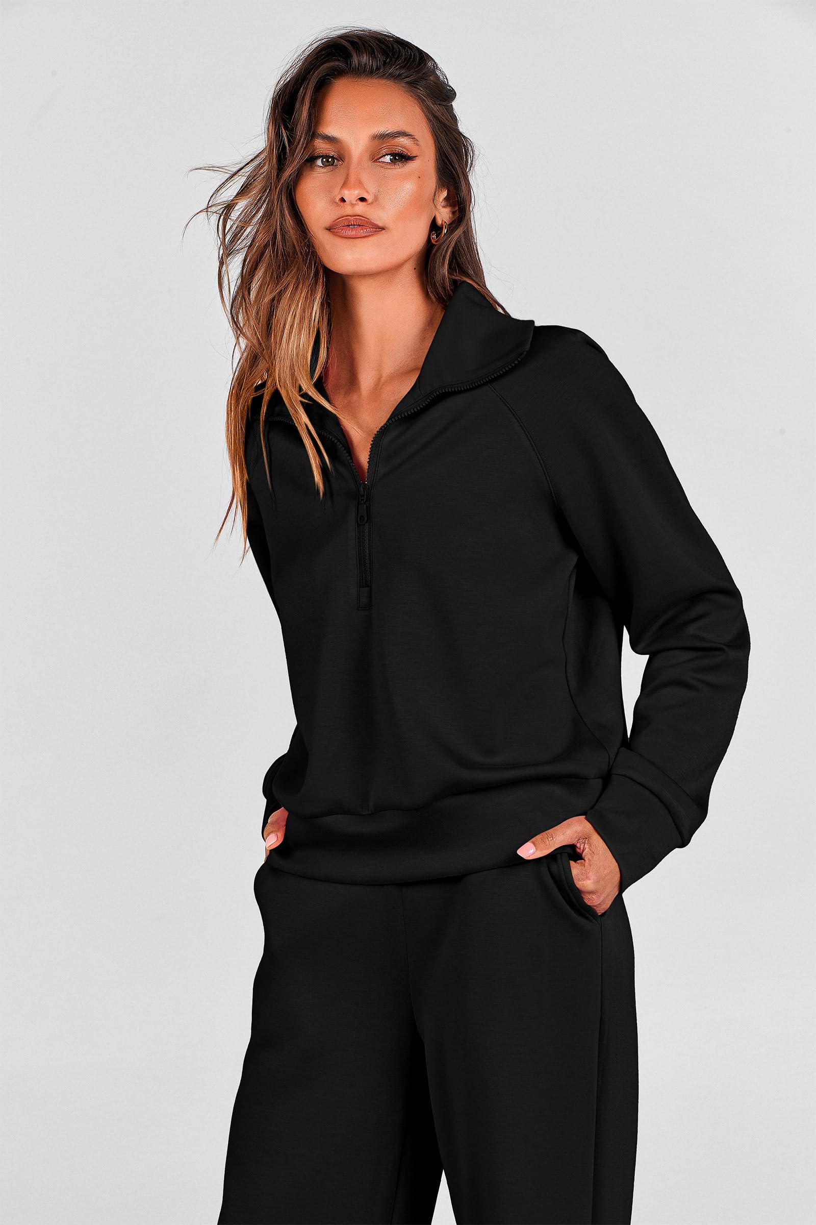 PRETTYGARDEN Women's 2025 Fall Lounge Sets Casual Half Zip Sweatshirt and Wide Leg Pants 2 Piece Outfits Sweatsuit (Black,Small)