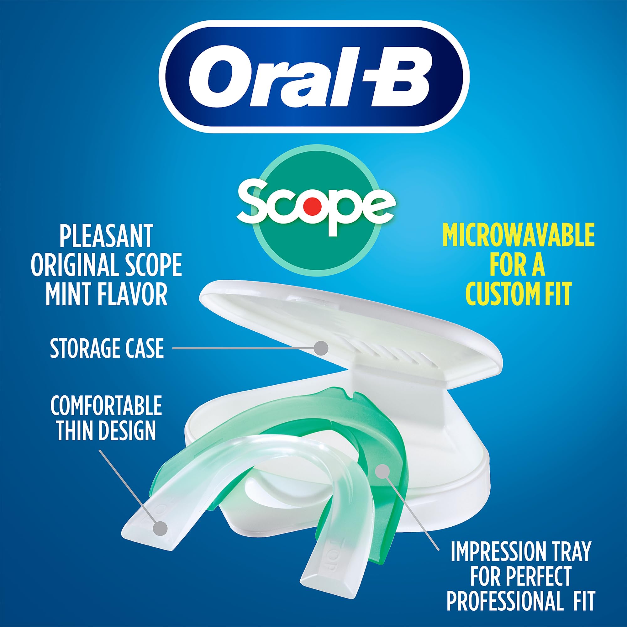 Oral-B Mouth Guard for Grinding Teeth at Night - Nighttime Dental Guard for Sleeping – Moldible Night Guard with Scope Mint Flavor – Less Than 3-Minutes for Custom Teeth Protection - 2 Pack
