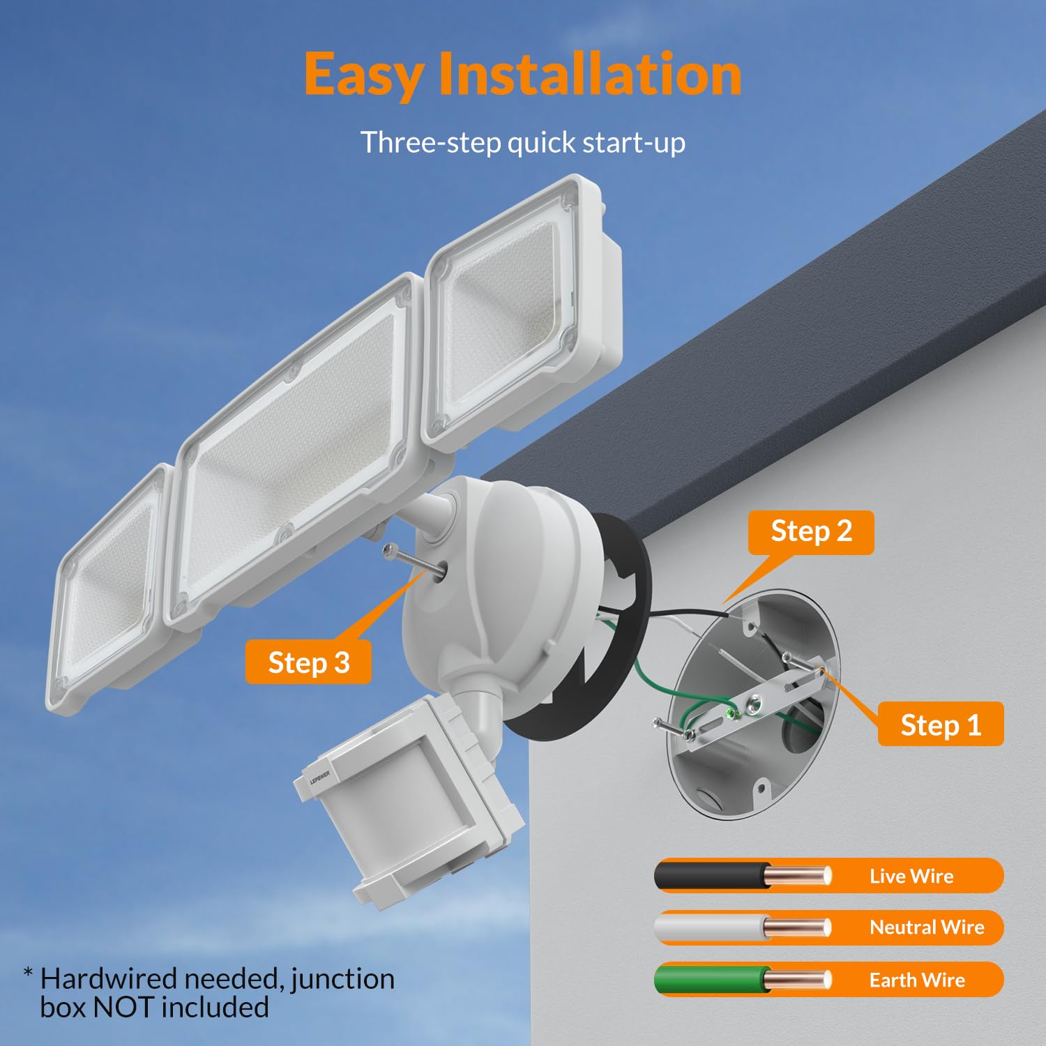 LEPOWER LED Security Lights Motion Sensor Light Outdoor, 38W 4200LM Light, 5500K, IP65 Waterproof, 3 Head Detected Flood Light for Garage, Yard, Porch (White)