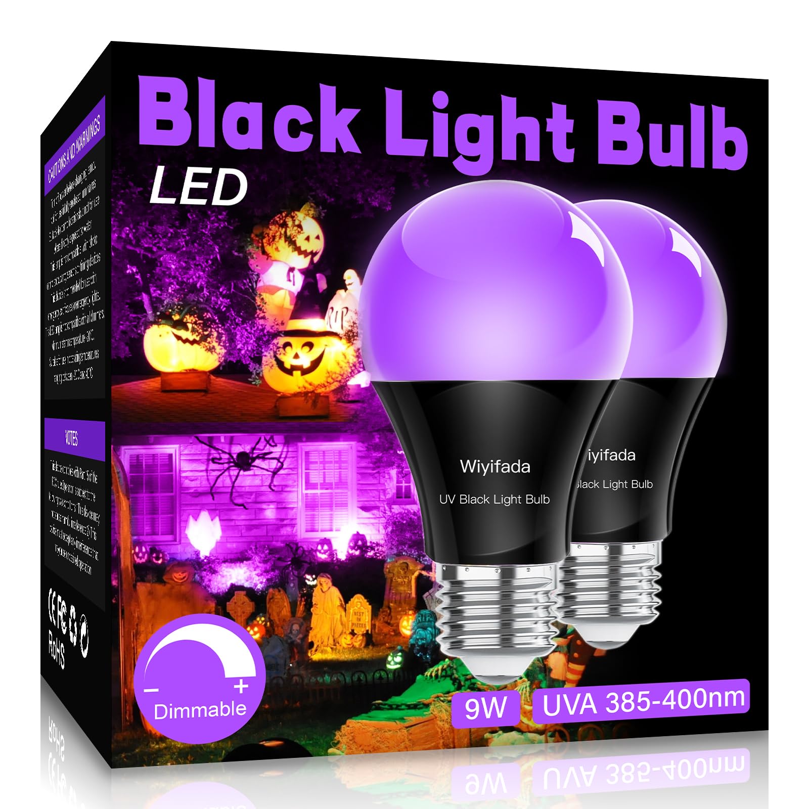 Wiyifada LED Schwarzlichtlampen 2er Pack, A19 9W UV Schwarzlicht ersetzt bis zu 100W, 120V E26 Sockel UVA Level 385-400nm, Schwarzlicht für Körperbemalung, Party, Halloween