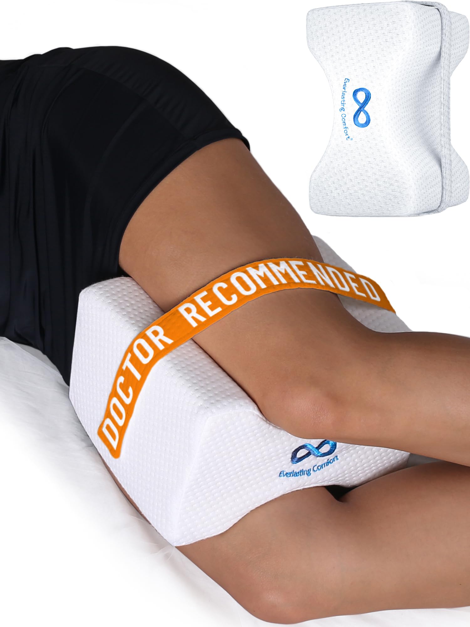 Everlasting Comfort Memory Foam Leg & Knee Pillow for Side Sleepers - Sciatica Pain Relief Leg Pillow for Side Sleeping - Adjustable Strap