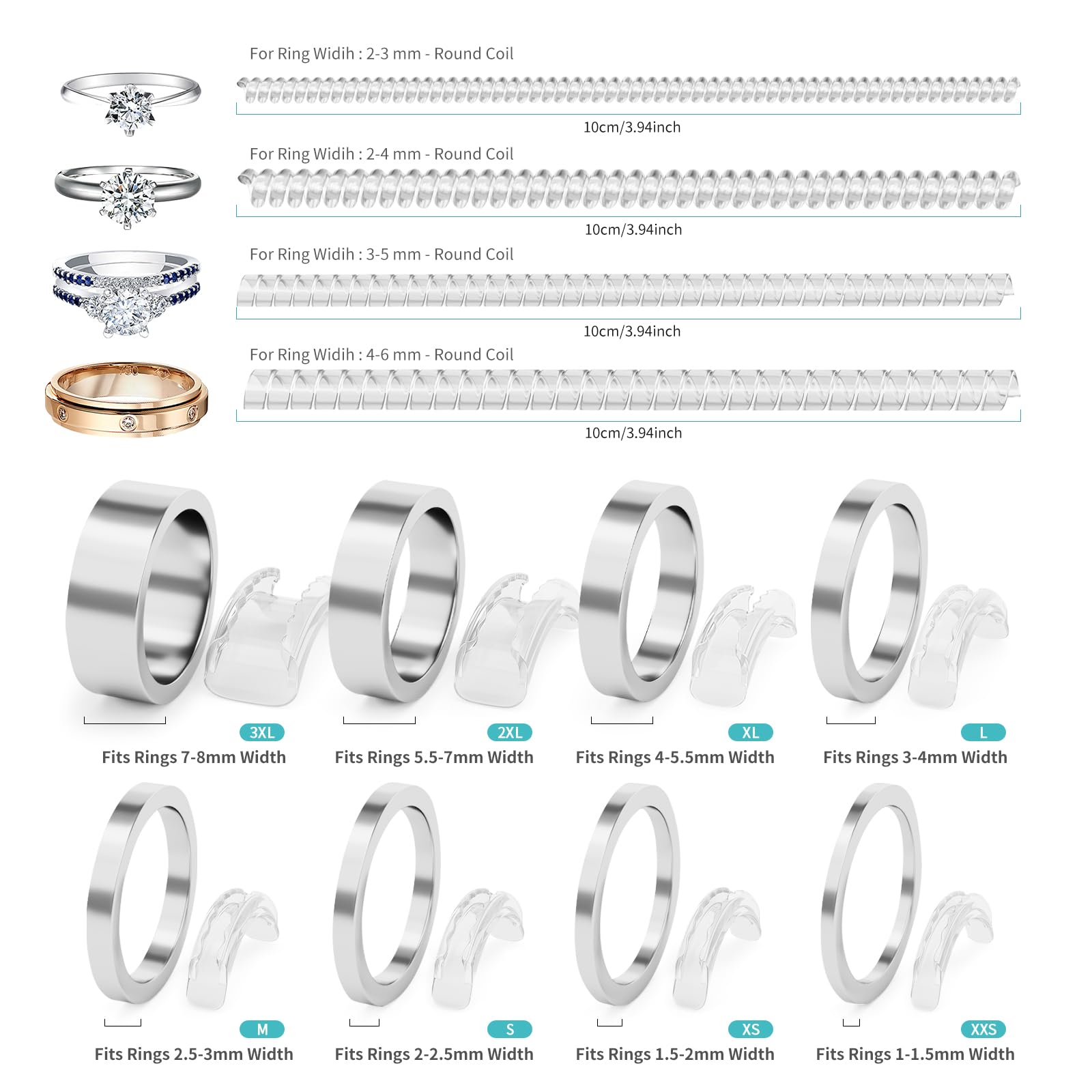Ring Sizers for Loose Rings - 12Pack, 12 Sizes, Ring Guards for Women& Men Loose Rings, Invisible Resizer Design for Spacers & Tighteners, Fits Bands Width to 1mm-8mm