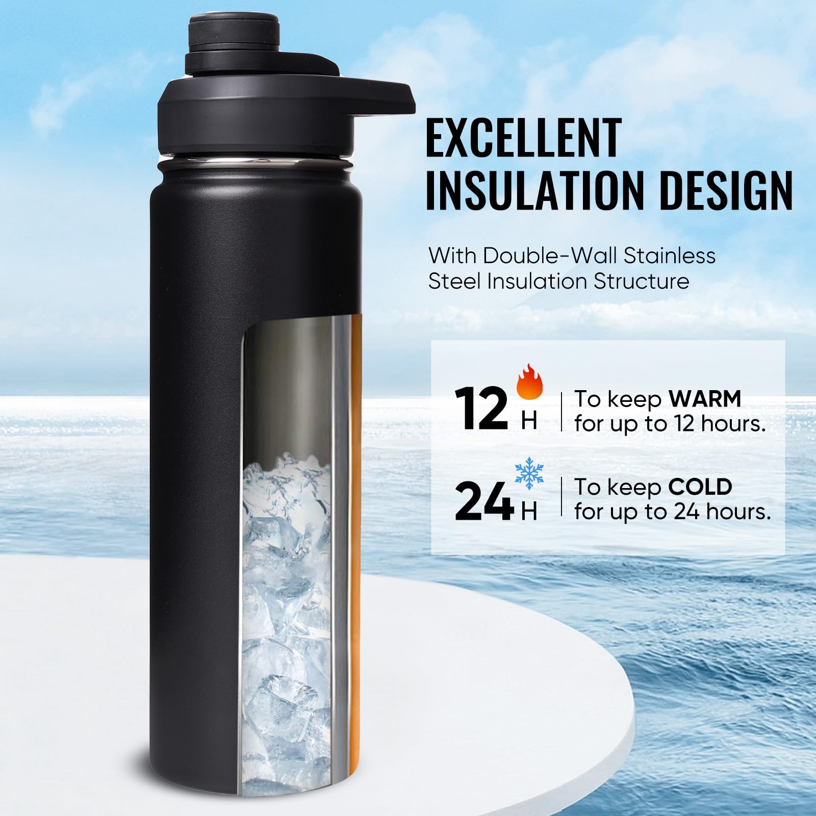 Fijinhom 24 oz Insulated Water Bottle with Handle, 304 Stainless Steel Water Bottles with Wide Mouth, Double Wall Vacuum Sports Water Bottle, BPA Free, Keep Cold and Hot, Black