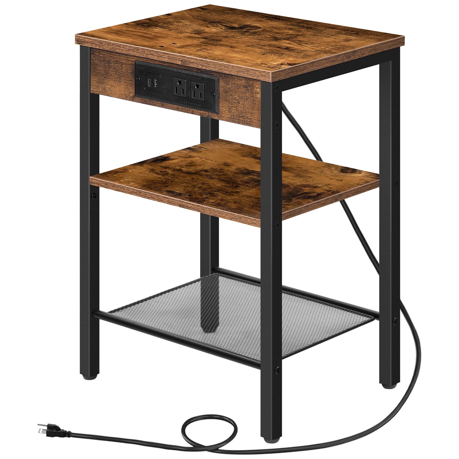 HOOBRO Beistelltisch mit Ladestation und USB-Anschluss, kleiner Telefontisch für kleine Räume, 3-stöckiger Nachttisch mit verstellbarem Regal, für Wohnzimmer, Schlafzimmer und Balkon, Rustikales Braun BF112BZ01