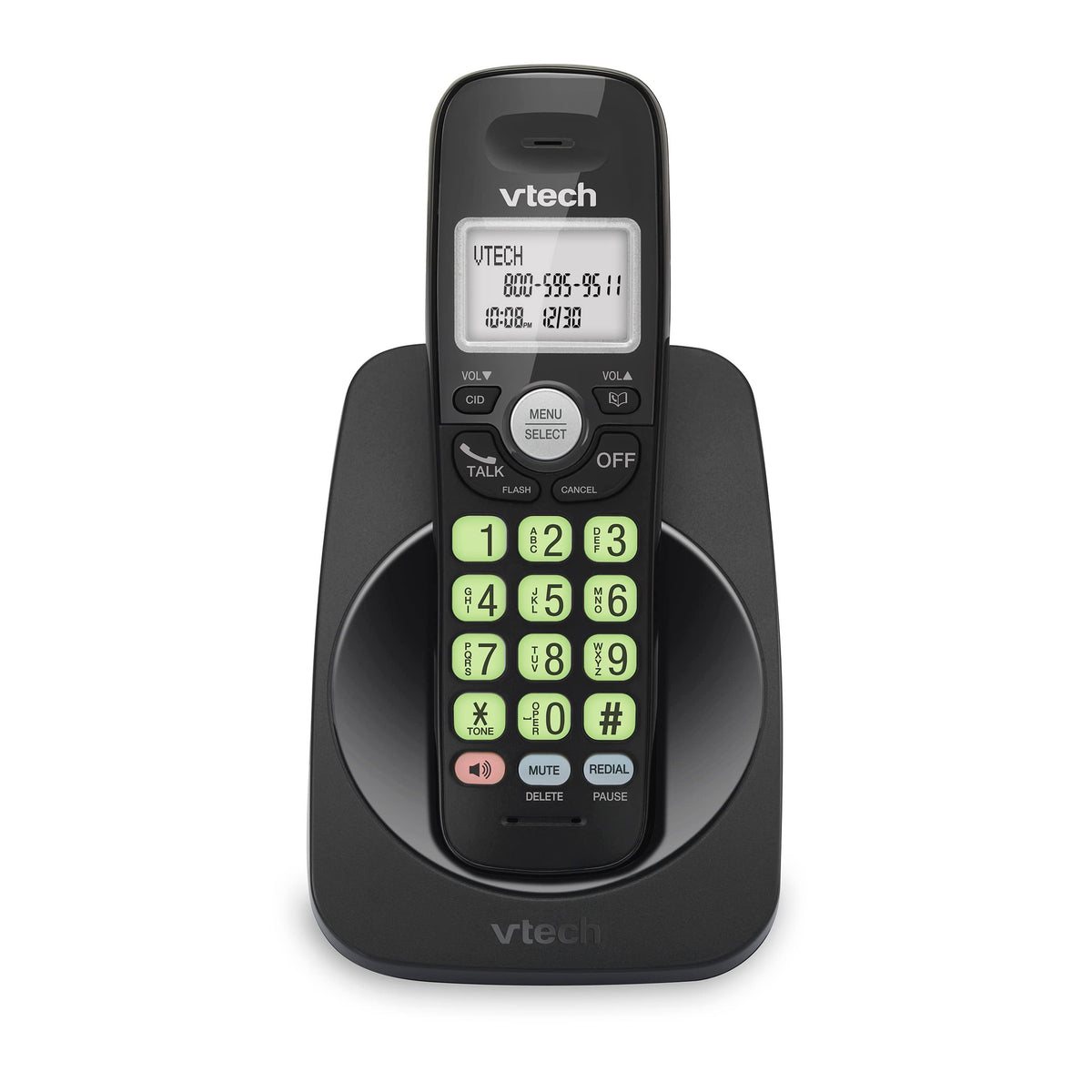 هاتف لاسلكي من VTech بتقنية DECT 6.0، ومكبر صوت مزدوج الاتجاهات، وشاشة مضيئة، ولوحة مفاتيح بإضاءة خلفية، ومعرف المتصل/انتظار المكالمات، والتحكم في مستوى الصوت، ومتوافق مع المعينات السمعية، وقابل للتركيب على الحائط | VG131-11 (أسود)
