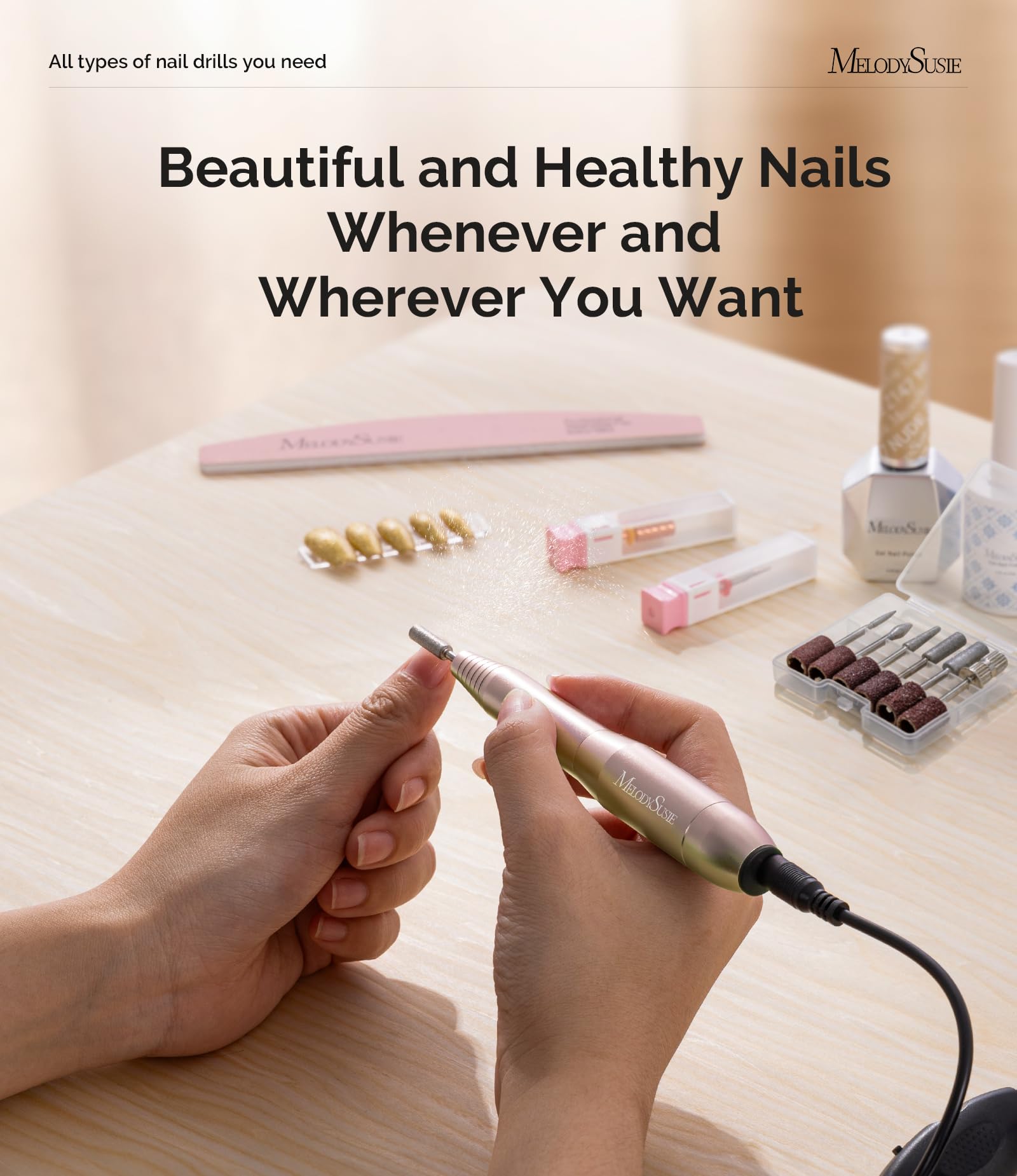 MelodySusie Electric USB Nail Drill Machine,PC120I Portable Electric Nail File Efile Set for Acrylic Gel Nails, Manicure Pedicure Tool with Nail Drill Bits Sanding Bands Gold