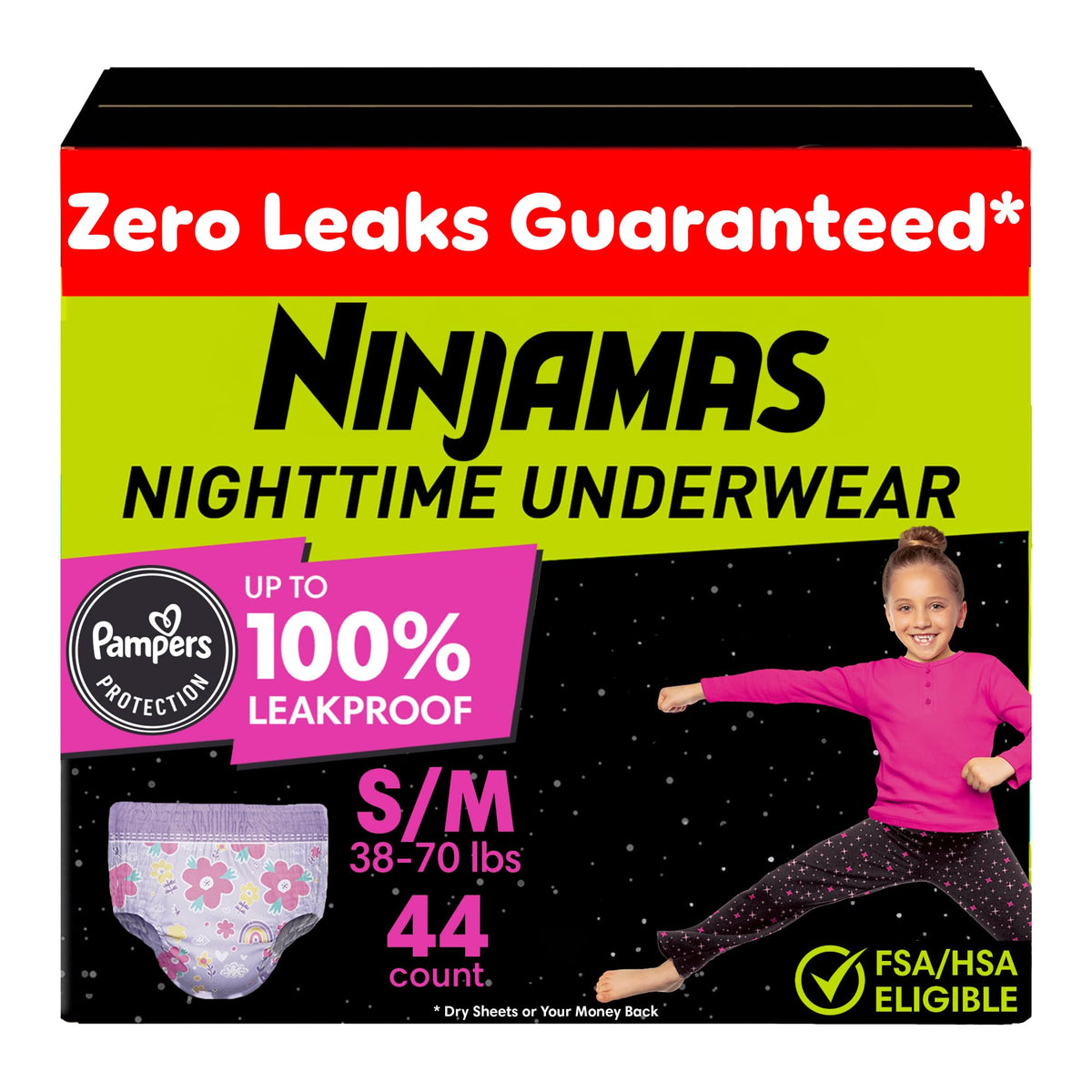 Ninjamas Höschenwindeln für Mädchen, Größe S/M (17-32 kg), 44 Stück, Schutz für die ganze Nacht, ultra-saugfähig, hypoallergen