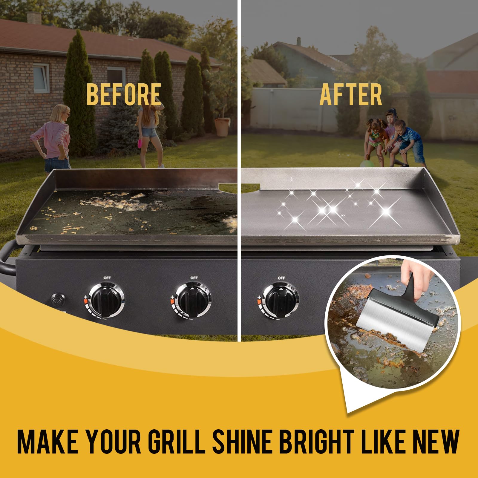 Heavy Duty Grill Scraper Stainless Steel Griddle Scraper with 5" Handle,Sturdy Food Scraper Tool Kitchen for Blackstone Grill Accessories,Outdoor Barbecue Turners Tools