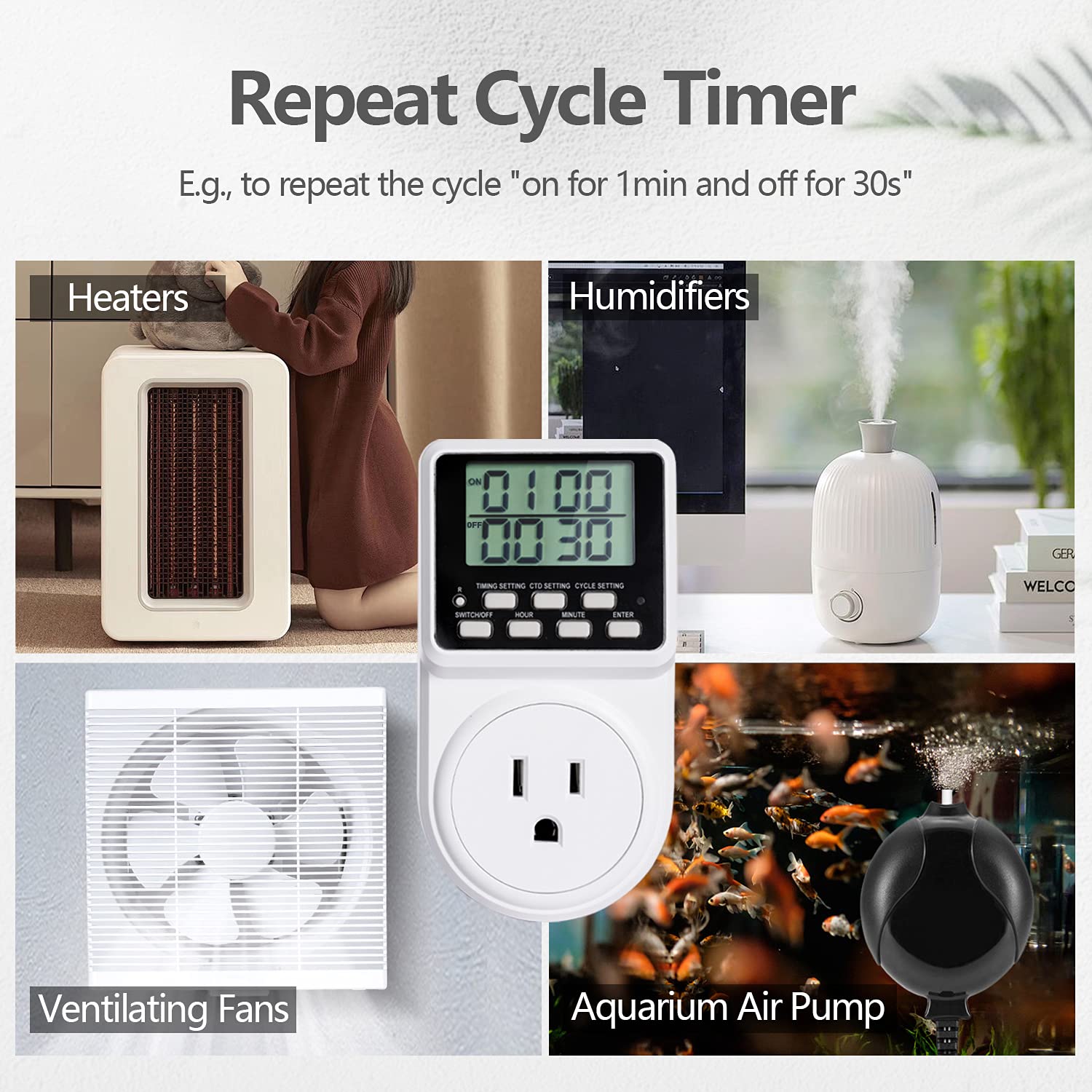 Techbee Digital Infinite Repeat Cycle Intermittent Timer Plug for Electrical Outlet, 24 Hour Programmable Indoor Timed Power Switch with Countdown Delay On and Off (120V, 15A), 1 pack